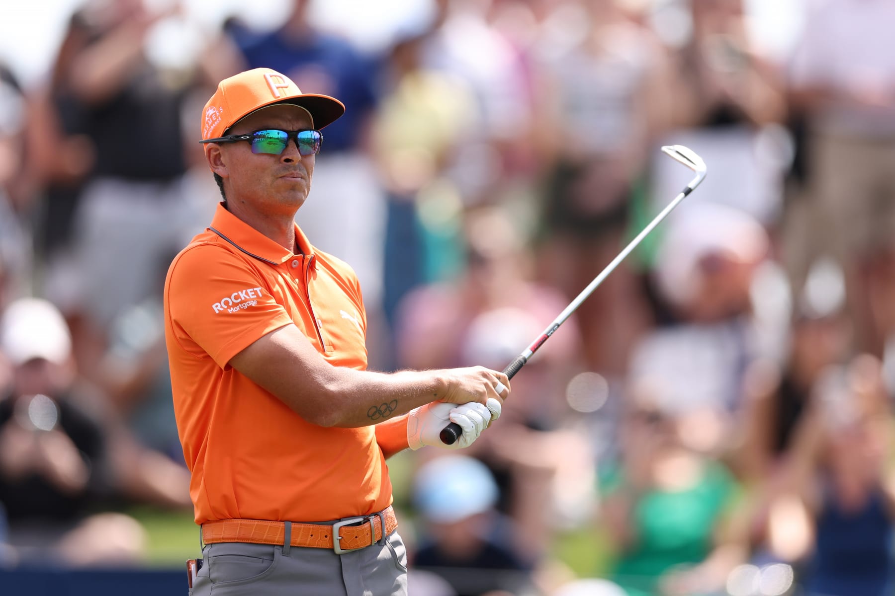 PONTE VEDRA BEACH, FLORIDA - MARCH 12: Rickie Fowler of the United States plays his shot from the third tee during the final round of THE PLAYERS Championship on THE PLAYERS Stadium Course at TPC Sawgrass on March 12, 2023 in Ponte Vedra Beach, Florida. (Photo by Richard Heathcote/Getty Images)
