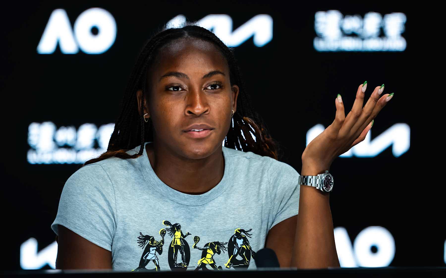 MELBOURNE, AUSTRALIA - JANUARY 19: Coco Gauff of the United States talks to the media after defeating Belinda Bencic of Switzerland in the fourth round on Day 8 of the 2025 Australian Open at Melbourne Park on January 19, 2025 in Melbourne, Australia (Photo by Robert Prange/Getty Images)