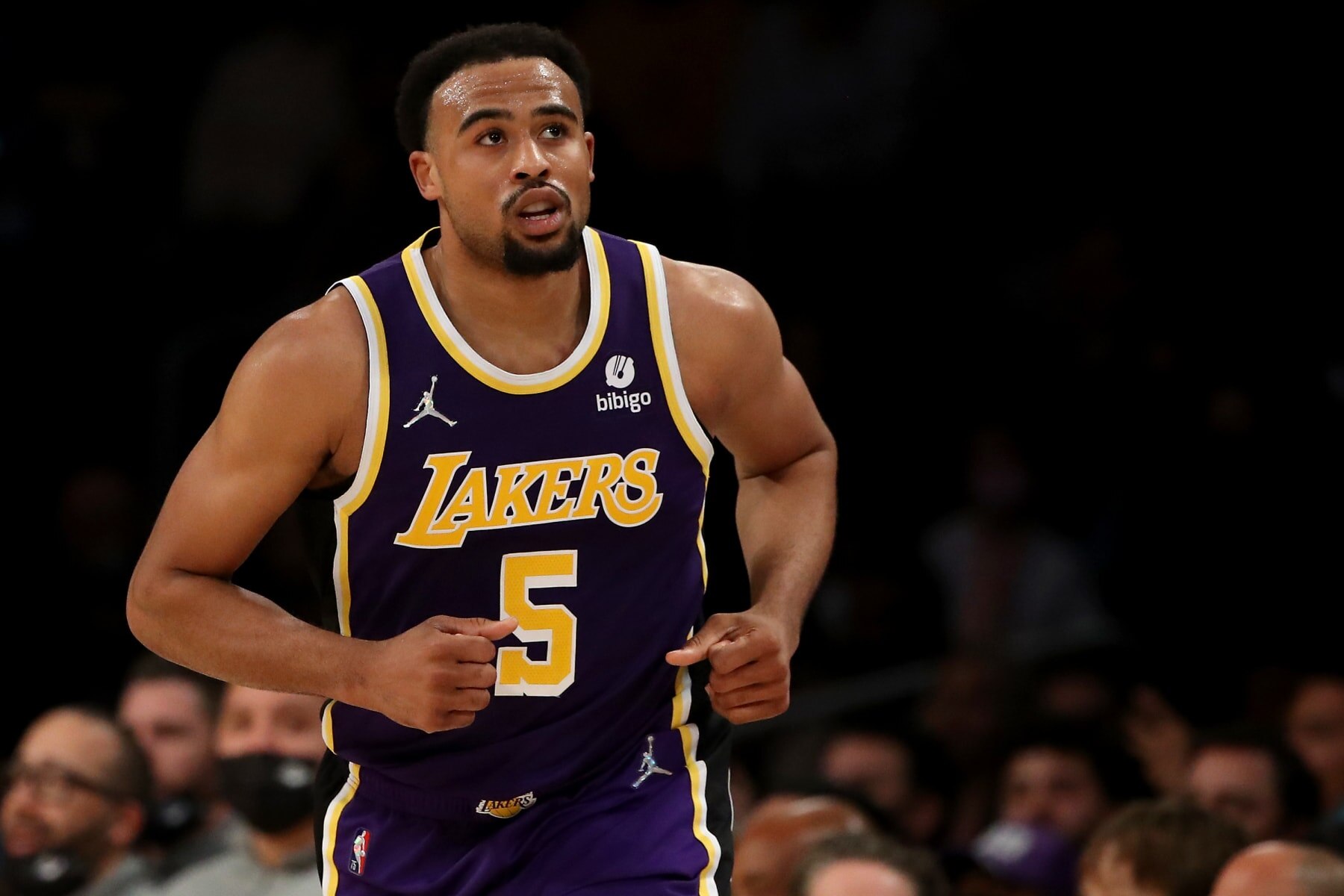 LOS ANGELES, CALIFORNIA - FEBRUARY 16: Talen Horton-Tucker #5 of the Los Angeles Lakers looks on during the fourth quarter against the Utah Jazz at Crypto.com Arena on February 16, 2022 in Los Angeles, California. NOTE TO USER: User expressly acknowledges and agrees that, by downloading and or using this Photograph, user is consenting to the terms and conditions of the Getty Images License Agreement. (Photo by Katelyn Mulcahy/Getty Images)