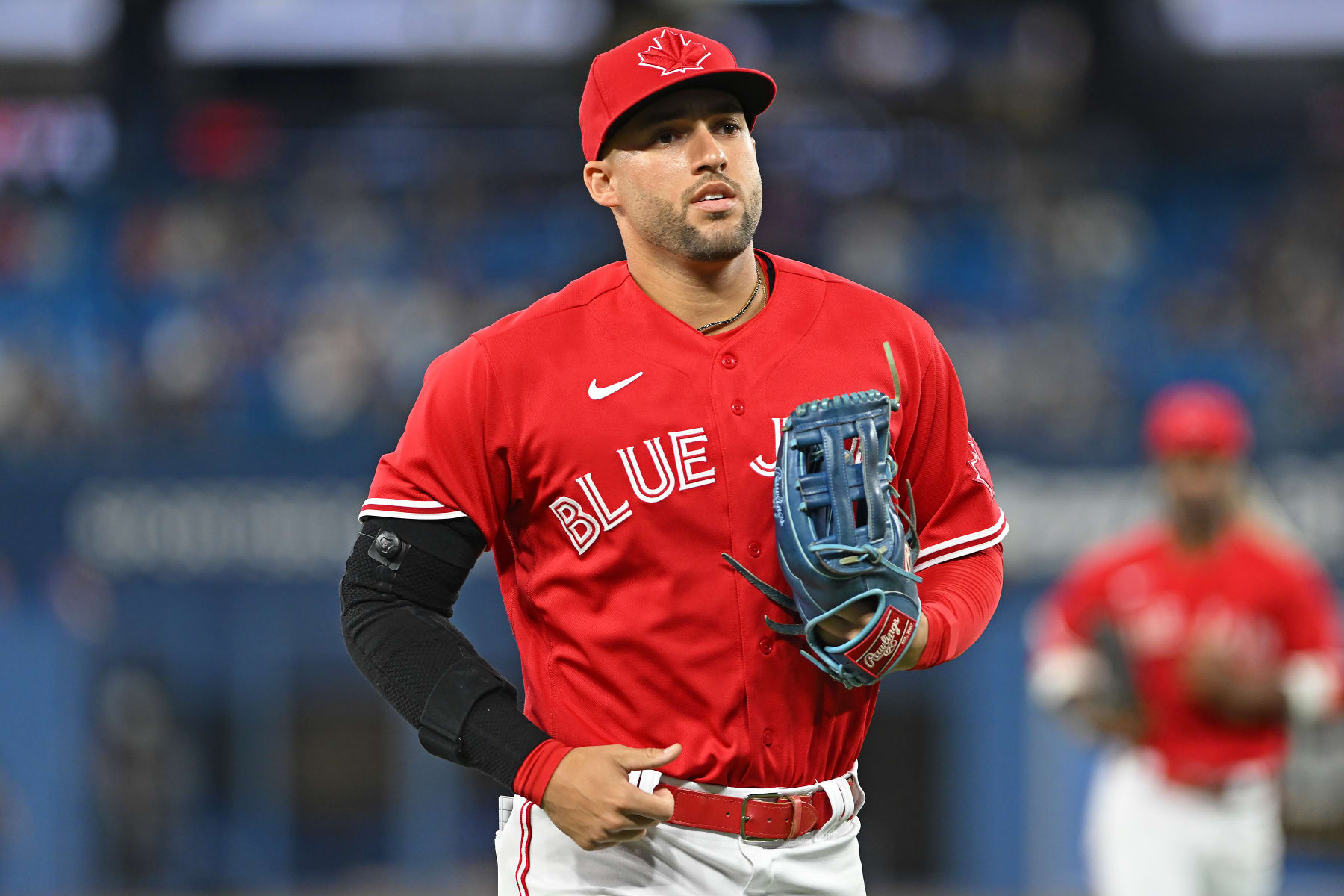 TORONTO, ON - AUGUST 29: Toronto Blue Jays Designated Hitter George Springer (4) heads to the dugout  during the regular season MLB game between the Chicago Cubs and Toronto Blue Jays on August 29, 2022 at Rogers Centre in Toronto, ON. (Photo by Gerry Angus/Icon Sportswire via Getty Images)