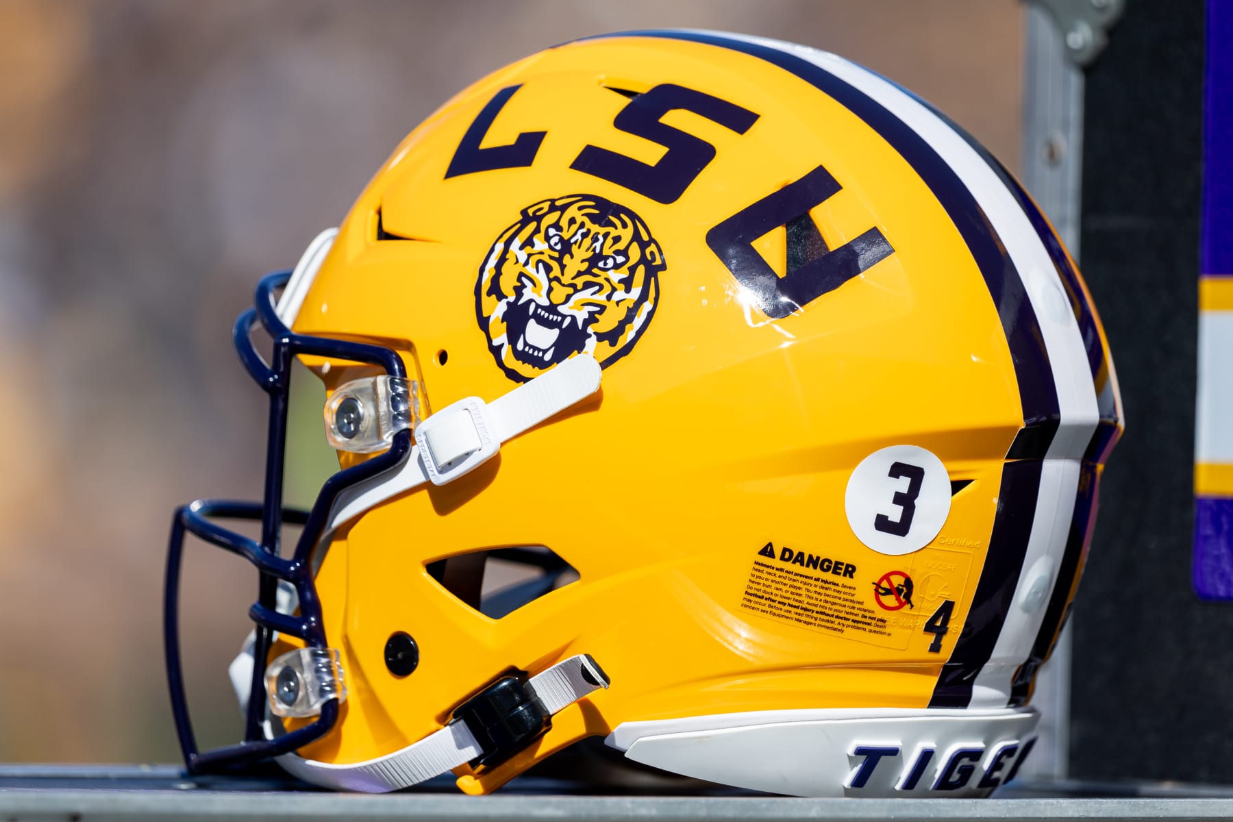 COLUMBIA, MISSOURI - OCTOBER 7: Detail view of an LSU Tigers helmet on the sidlines during the game against the Missouri Tigers at Faurot Field/Memorial Stadium on October 7, 2023 in Columbia, Missouri. (Photo by Michael Hickey/Getty Images)