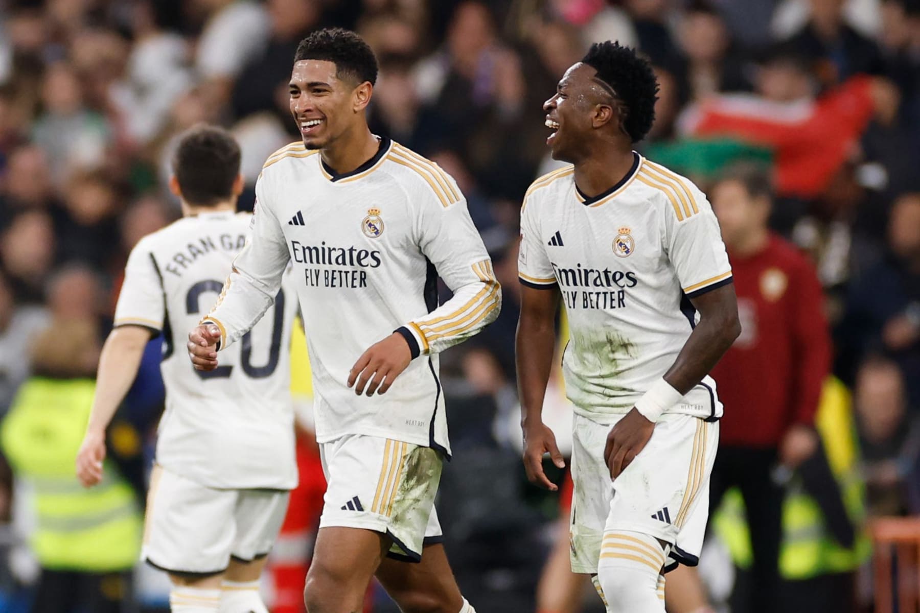 MADRID, SPAIN - JANUARY 21: Jude Bellingham and Vinicius Junior players of Real Madrid celebrates after scoring a goal during the LaLiga EA Sports match between Real Madrid CF and UD Almeria at Estadio Santiago Bernabeu on January 21, 2024 in Madrid, Spain. (Photo by Antonio Villalba/Real Madrid via Getty Images)