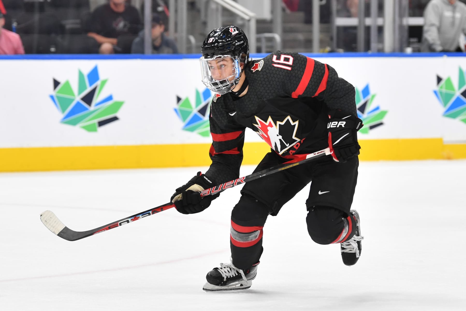 EDMONTON, AB - AUGUST 17: Connor Bedard #16 of Canada skates during the game against Switzerland in the IIHF World Junior Championship on August 17, 2022 at Rogers Place in Edmonton, Alberta, Canada (Photo by Andy Devlin/ Getty Images)