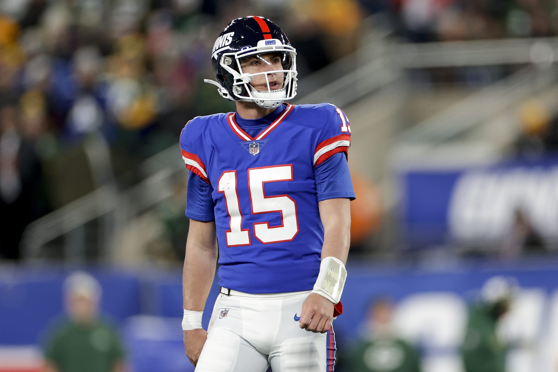 New York Giants quarterback Tommy DeVito (15) during the first half of an NFL football game against the Green Bay Packers, Monday, Dec. 11, 2023, in East Rutherford, N.J. (AP Photo/Adam Hunger)