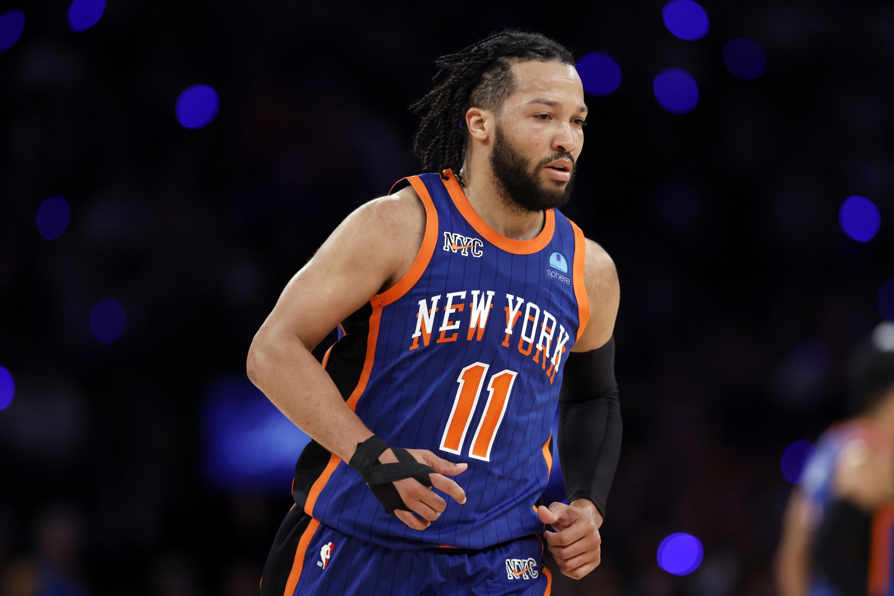 NEW YORK, NEW YORK - MAY 14: Jalen Brunson #11 of the New York Knicks looks on during Game Five of the Eastern Conference Second Round Playoffs against the Indiana Pacers at Madison Square Garden on May 14, 2024 in New York City. The Knicks won 121-91. NOTE TO USER: User expressly acknowledges and agrees that, by downloading and or using this photograph, User is consenting to the terms and conditions of the Getty Images License Agreement. (Photo by Sarah Stier/Getty Images)