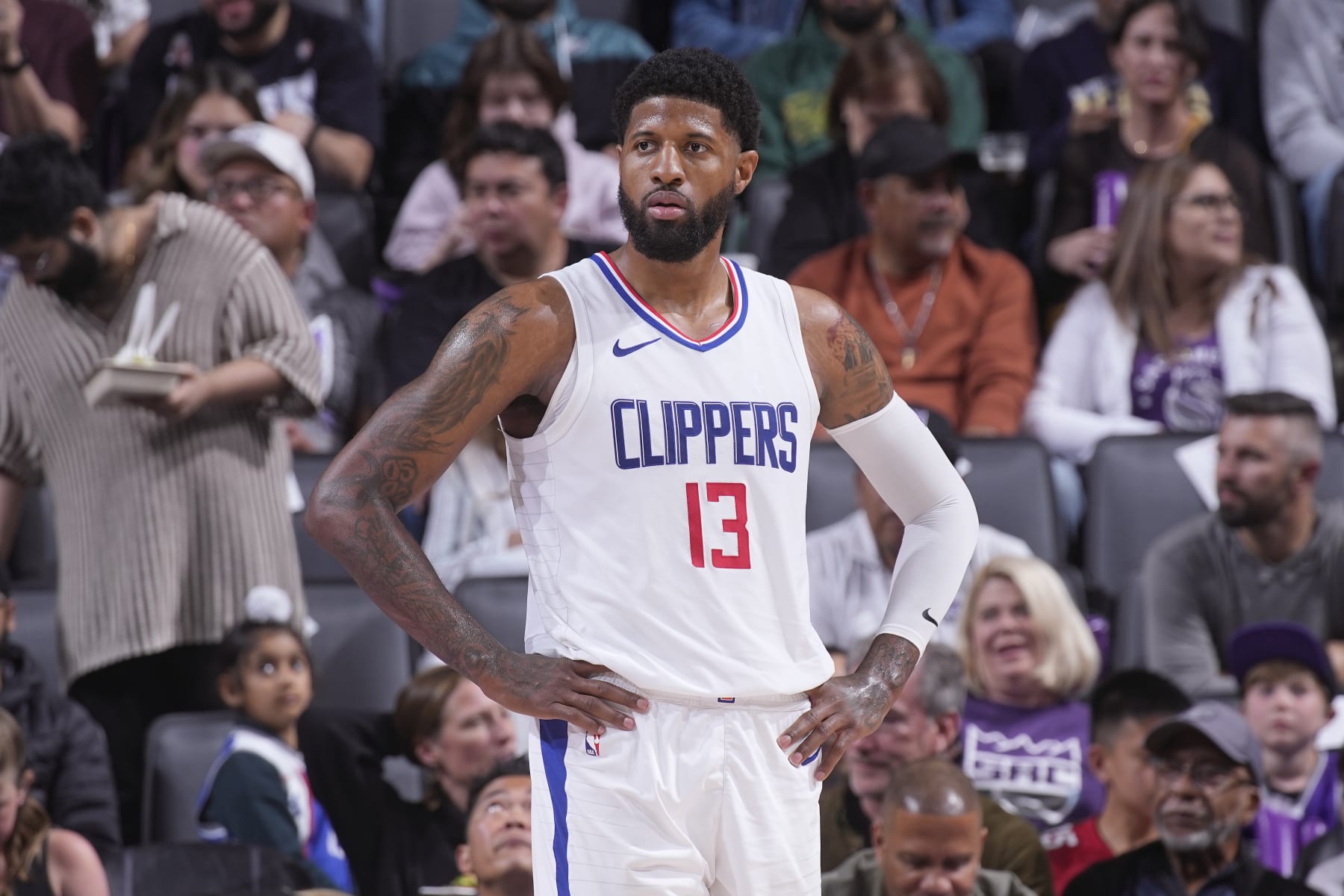 SACRAMENTO, CA - APRIL 2: Paul George #13 of the Los Angeles Clippers looks on during the game against the Sacramento Kings on April 2, 2024 at Golden 1 Center in Sacramento, California. NOTE TO USER: User expressly acknowledges and agrees that, by downloading and or using this photograph, User is consenting to the terms and conditions of the Getty Images Agreement. Mandatory Copyright Notice: Copyright 2024 NBAE (Photo by Rocky Widner/NBAE via Getty Images)