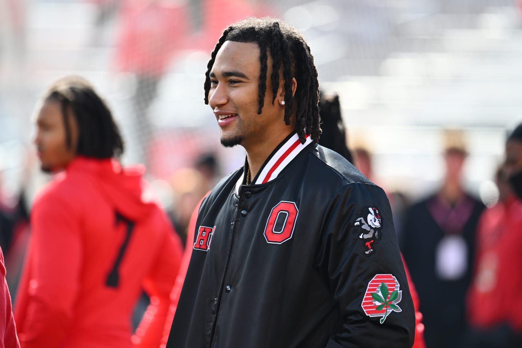 COLUMBUS, OHIO - OCTOBER 21: C.J. Stroud #7 of the Houston Texans attends a game between the Ohio State Buckeyes and the Penn State Nittany Lions at Ohio Stadium on October 21, 2023 in Columbus, Ohio. (Photo by Ben Jackson/Getty Images)