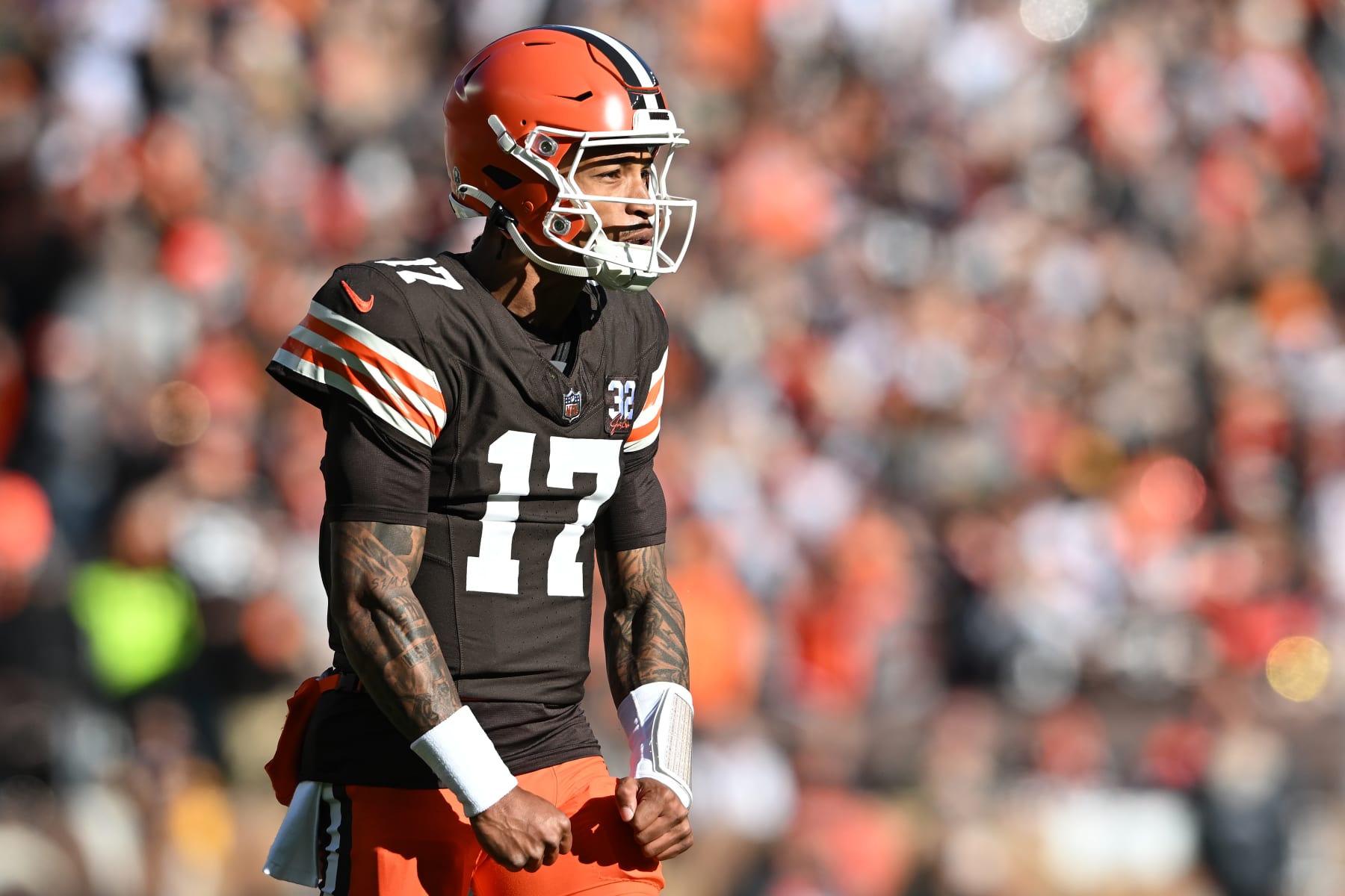 CLEVELAND, OHIO - NOVEMBER 19: Dorian Thompson-Robinson #17 of the Cleveland Browns celebrates after Jerome Ford #34 (not pictured) scored a touchdown in the first quarter against the Pittsburgh Steelers at Cleveland Browns Stadium on November 19, 2023 in Cleveland, Ohio. (Photo by Nick Cammett/Getty Images)