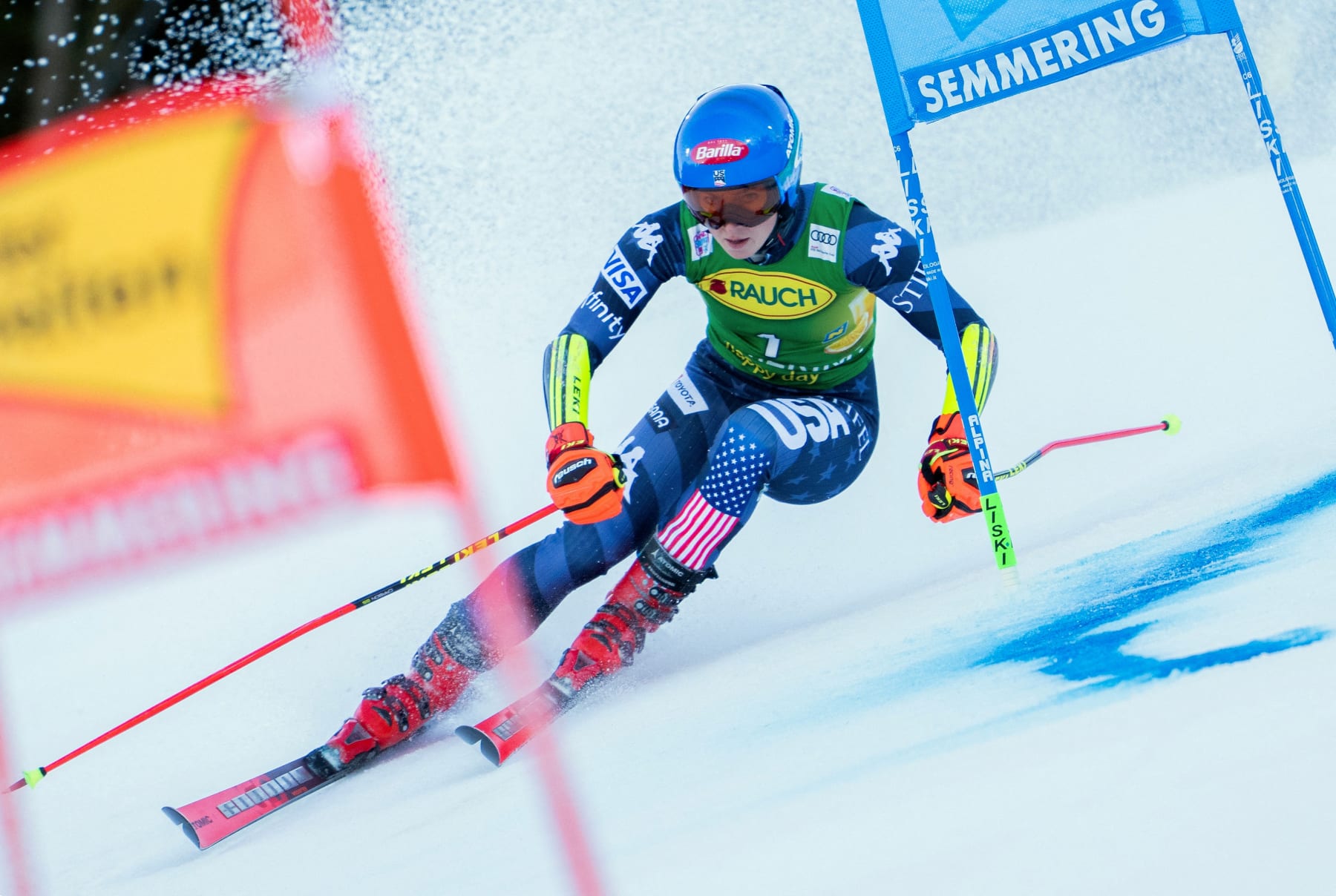 USA's Mikaela Shiffrin competes during the first run of the giant slalom of the FIS Alpine Skiing Women's World Cup in Semmering, Austria on December 27, 2022. - Austria OUT (Photo by GEORG HOCHMUTH / APA / AFP) / Austria OUT (Photo by GEORG HOCHMUTH/APA/AFP via Getty Images)