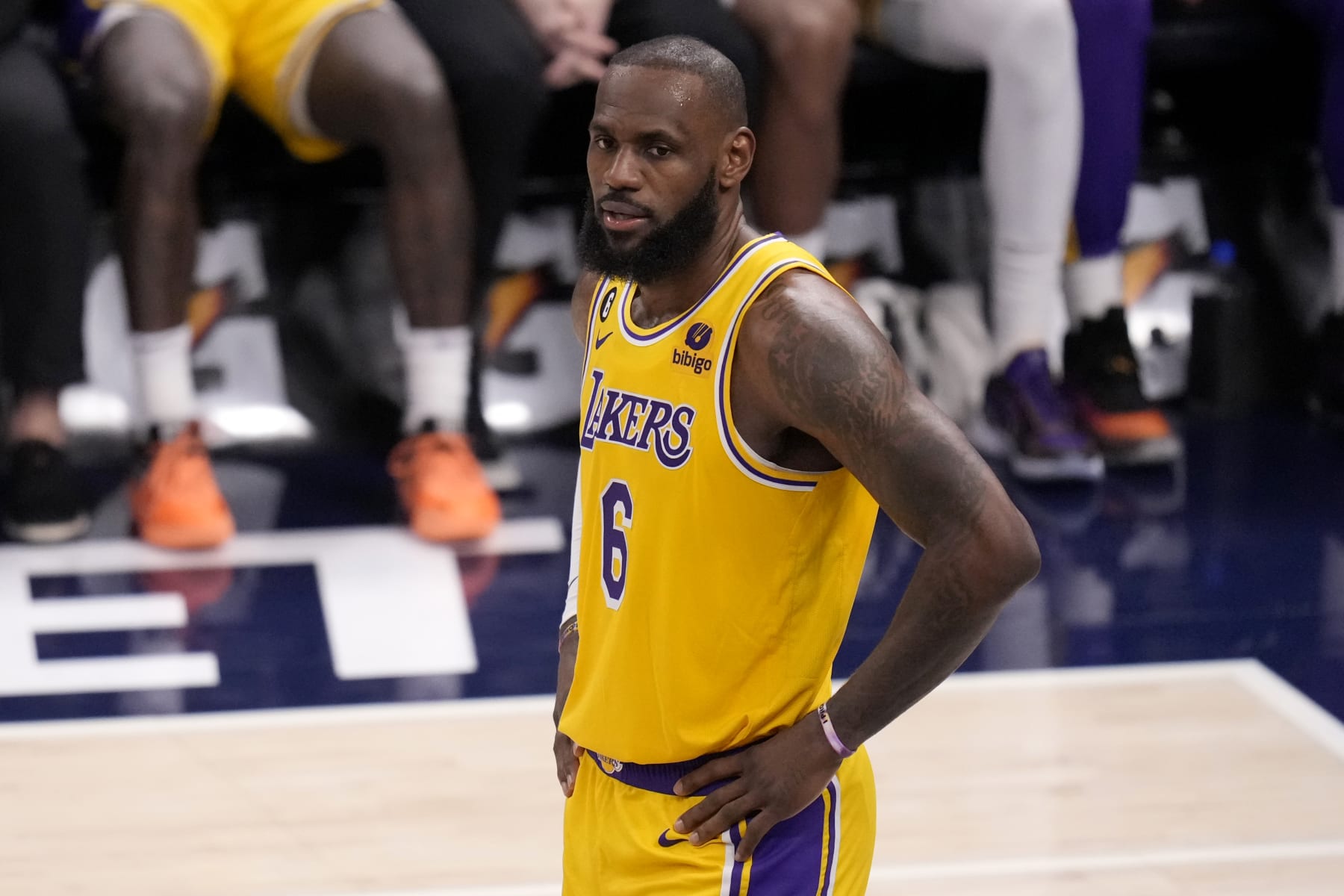 INDIANAPOLIS, IN - FEBRUARY 2: LeBron James #6 of the Los Angeles Lakers looks on during the game against the Indiana Pacers on February 2, 2023 at Gainbridge Fieldhouse in Indianapolis, Indiana. NOTE TO USER: User expressly acknowledges and agrees that, by downloading and or using this Photograph, user is consenting to the terms and conditions of the Getty Images License Agreement. Mandatory Copyright Notice: Copyright 2023 NBAE (Photo by A.J. Mast/NBAE via Getty Images)