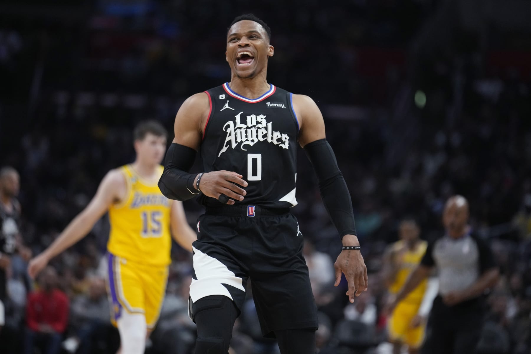 Los Angeles Clippers guard Russell Westbrook (0) reacts after a defensive stop during the second half of the team's NBA basketball game against the Los Angeles Lakers on Wednesday, April 5, 2023, in Los Angeles. (AP Photo/Marcio Jose Sanchez)