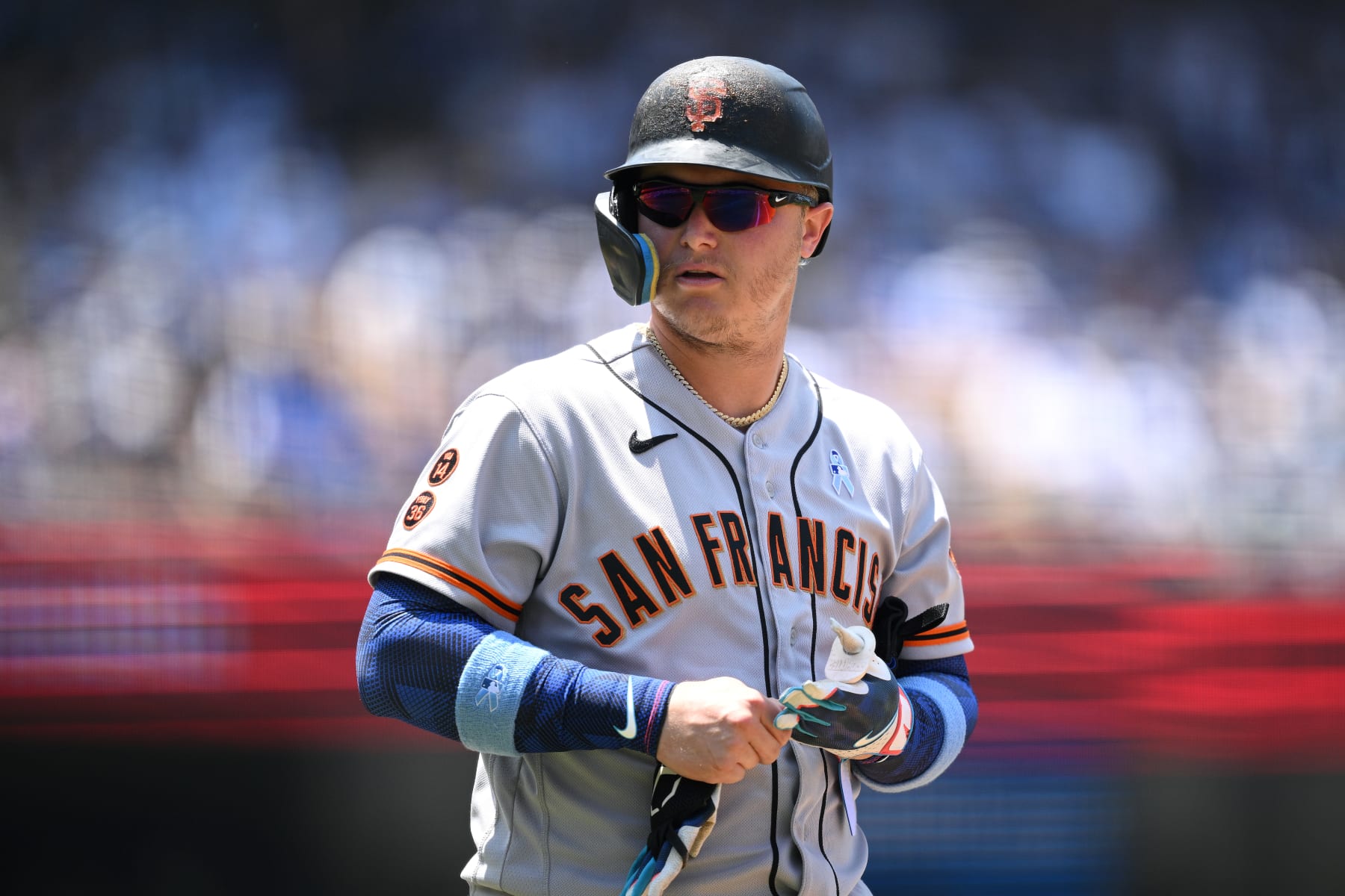 LOS ANGELES, CALIFORNIA - JUNE 18: Joc Pederson #23 of the San Francisco Giants looks on during the fourth inning against the Los Angeles Dodgers at Dodger Stadium on June 18, 2023 in Los Angeles, California. (Photo by Orlando Ramirez/Getty Images)