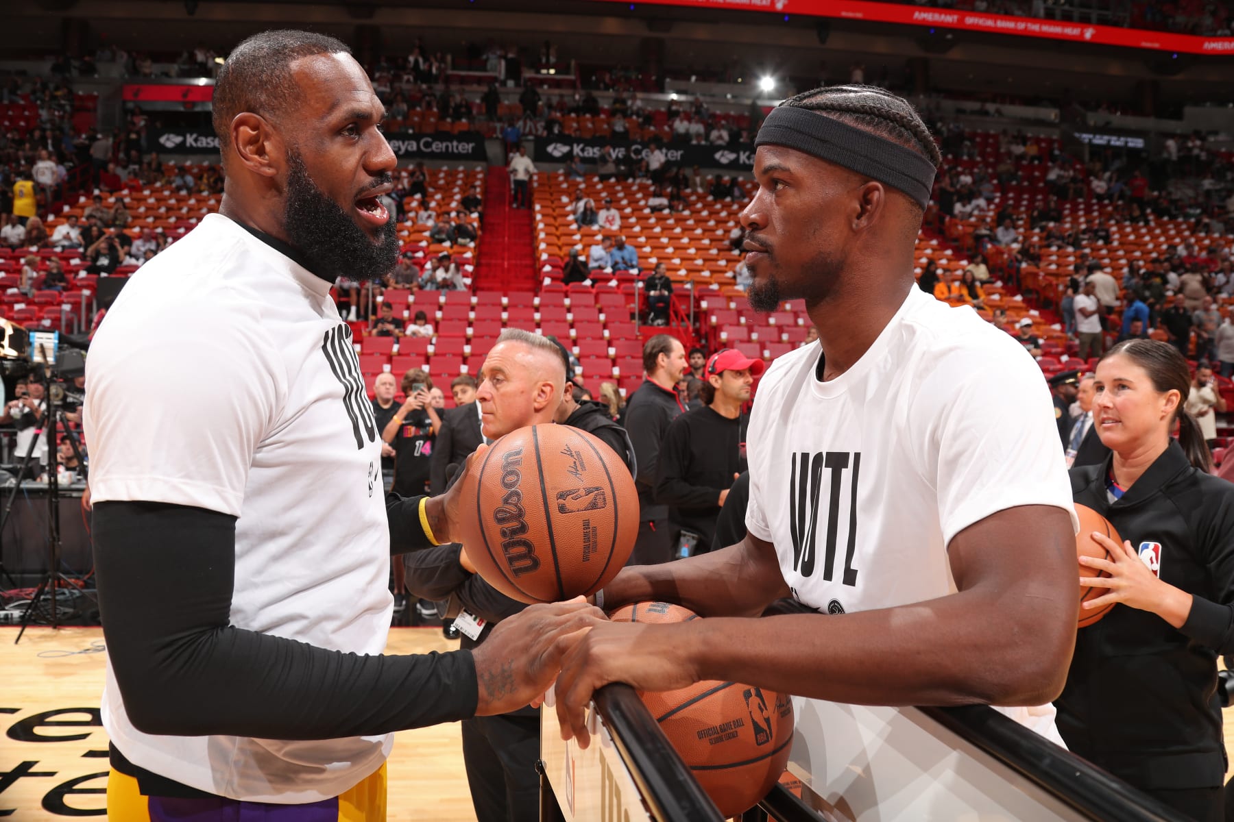 MIAMI, FL - NOVEMBER 6:  LeBron James #23 of the Los Angeles Lakers and Jimmy Butler #22 of the Miami Heat talk before the game on November 6, 2023 at Kaseya Center in Miami, Florida. NOTE TO USER: User expressly acknowledges and agrees that, by downloading and or using this Photograph, user is consenting to the terms and conditions of the Getty Images License Agreement. Mandatory Copyright Notice: Copyright 2023 NBAE (Photo by Issac Baldizon/NBAE via Getty Images)