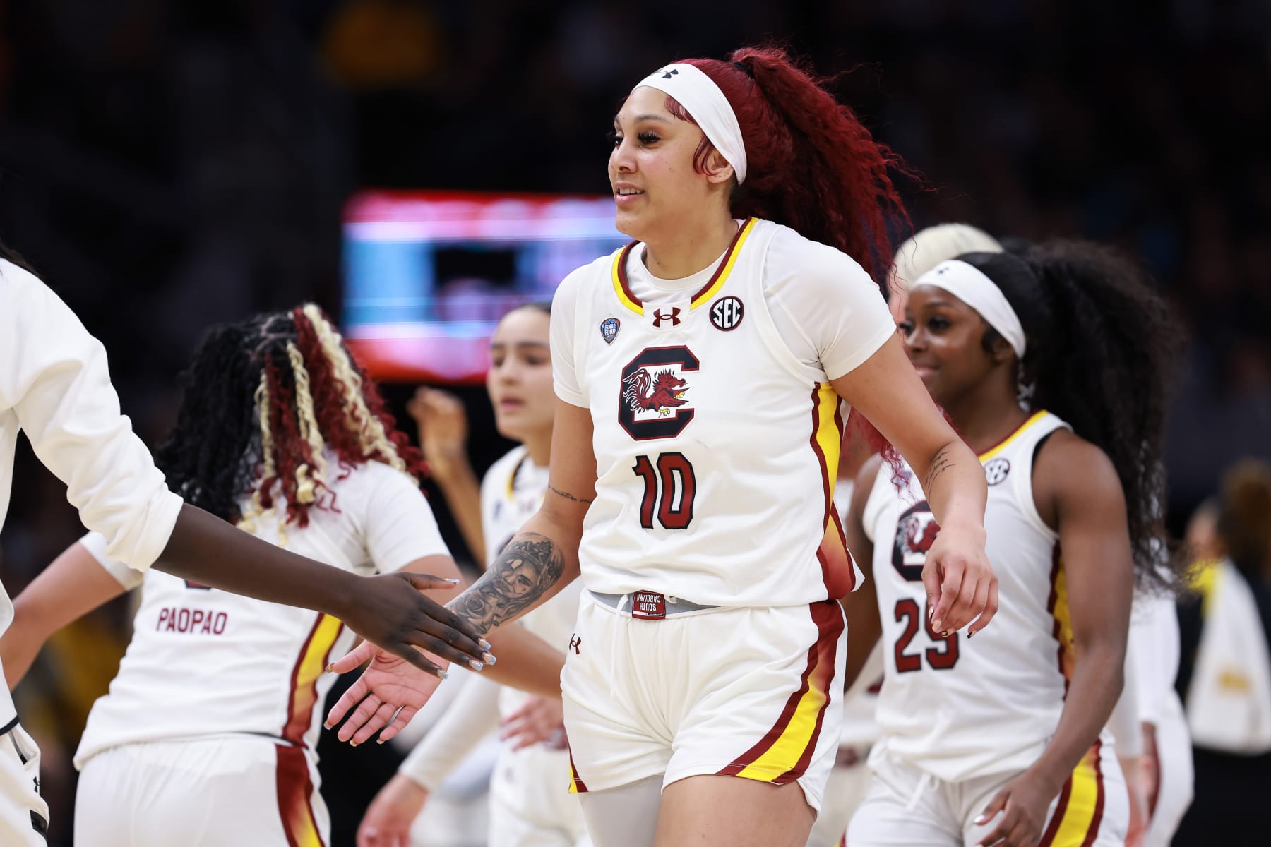 CLEVELAND, OHIO - APRIL 07: Kamilla Cardoso #10 of the South Carolina Gamecocks reacts in the second half during the 2024 NCAA Women's Basketball Tournament National Championship game against the Iowa Hawkeyes at Rocket Mortgage FieldHouse on April 07, 2024 in Cleveland, Ohio. (Photo by Gregory Shamus/Getty Images)