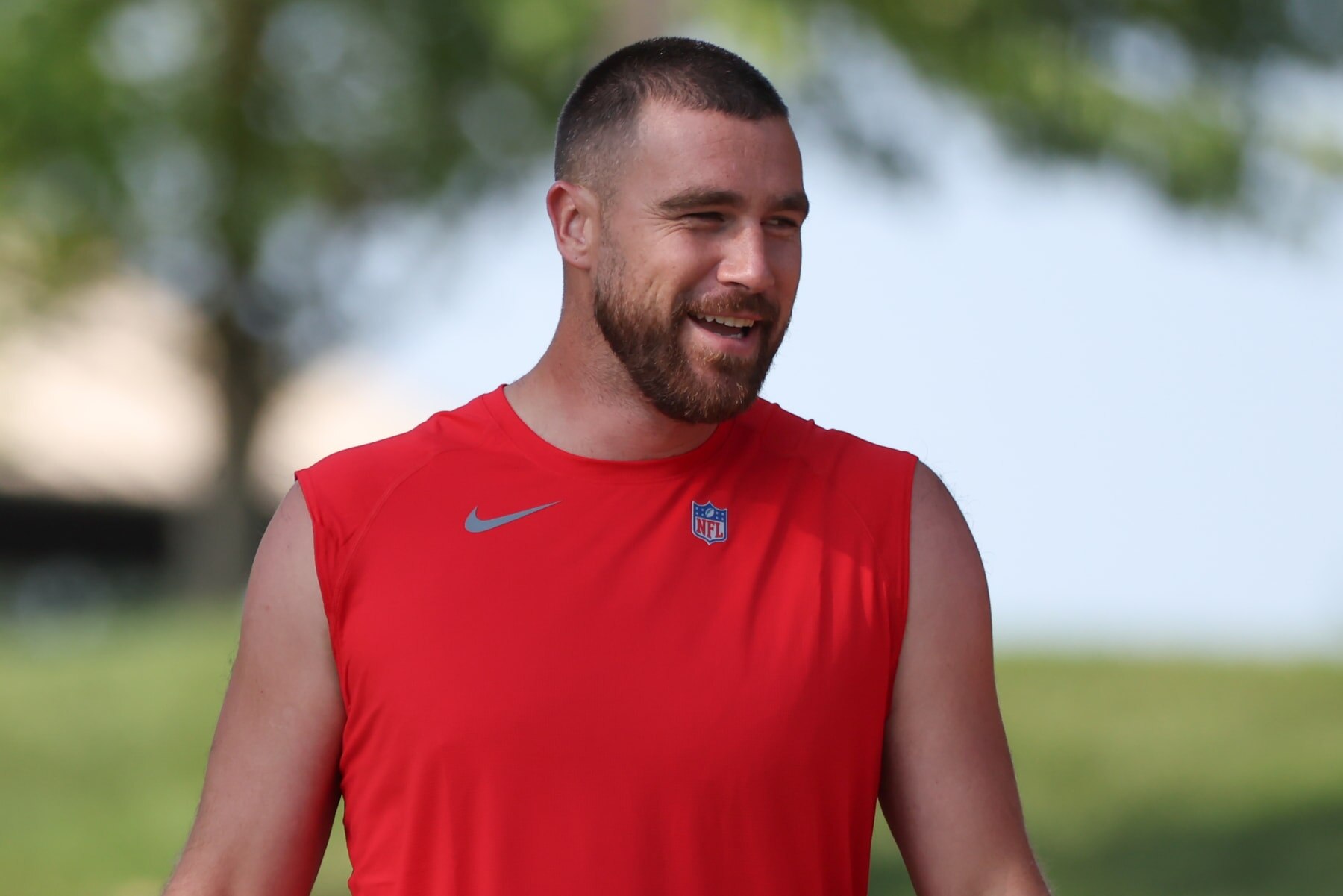 ST. JOSEPH, MO - JULY 23: Kansas City Chiefs tight end Travis Kelce (87) smiles during training camp on July 23, 2023 at Missouri Western State University in St. Joseph, MO. (Photo by Scott Winters/Icon Sportswire via Getty Images)