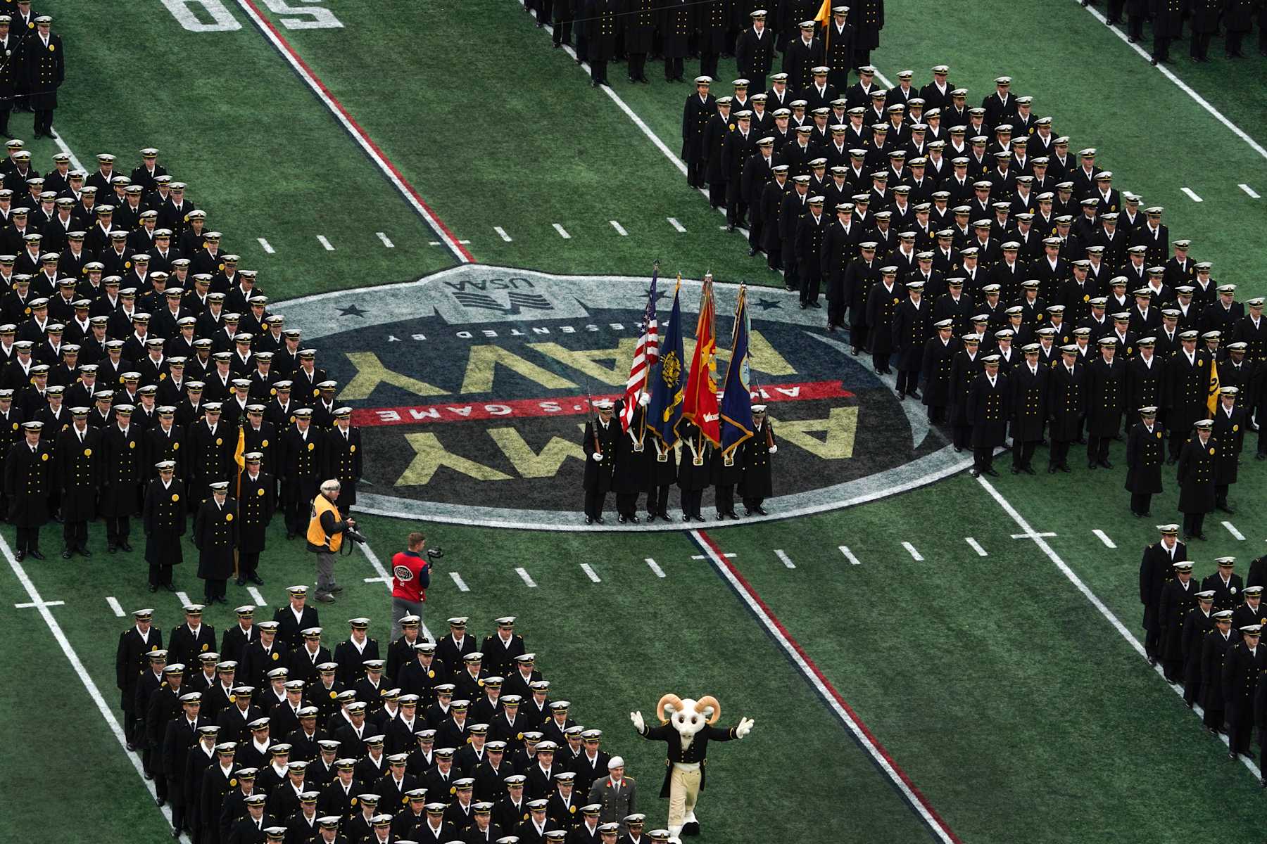 Foxborough, MA - December 9: Navy cadets line up during the March On before today's game. Army beat Navy, 17-11. (Photo by Barry Chin/The Boston Globe via Getty Images)