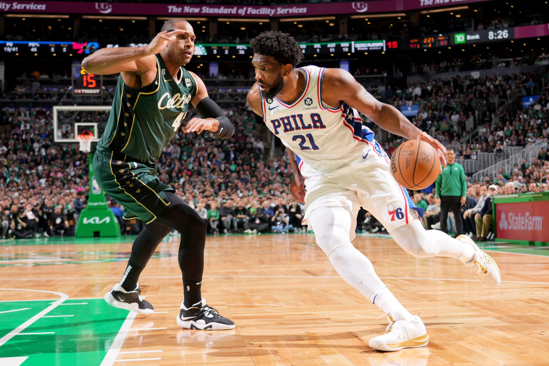BOSTON, MA - MAY 9: Joel Embiid #21 of the Philadelphia 76ers dribbles the ball during the game against the Boston Celtics during Game 5 of the 2023 NBA Playoffs Eastern Conference semi-finals on May 9, 2023 at the TD Garden in Boston, Massachusetts. NOTE TO USER: User expressly acknowledges and agrees that, by downloading and or using this photograph, User is consenting to the terms and conditions of the Getty Images License Agreement. Mandatory Copyright Notice: Copyright 2023 NBAE  (Photo by Jesse D. Garrabrant/NBAE via Getty Images)