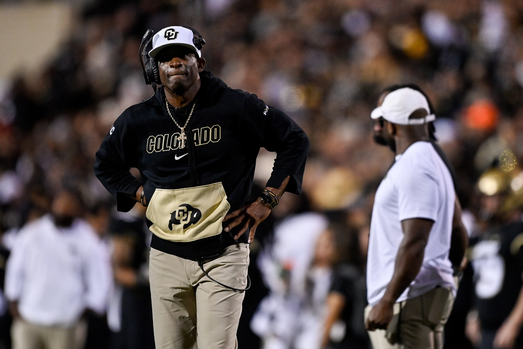 BOULDER, CO - SEPTEMBER 16:  Head coach Deion Sanders of the Colorado Buffaloes looks on from the sideline in the third quarter against the Colorado State Rams at Folsom Field on September 16, 2023 in Boulder, Colorado. (Photo by Dustin Bradford/Getty Images)