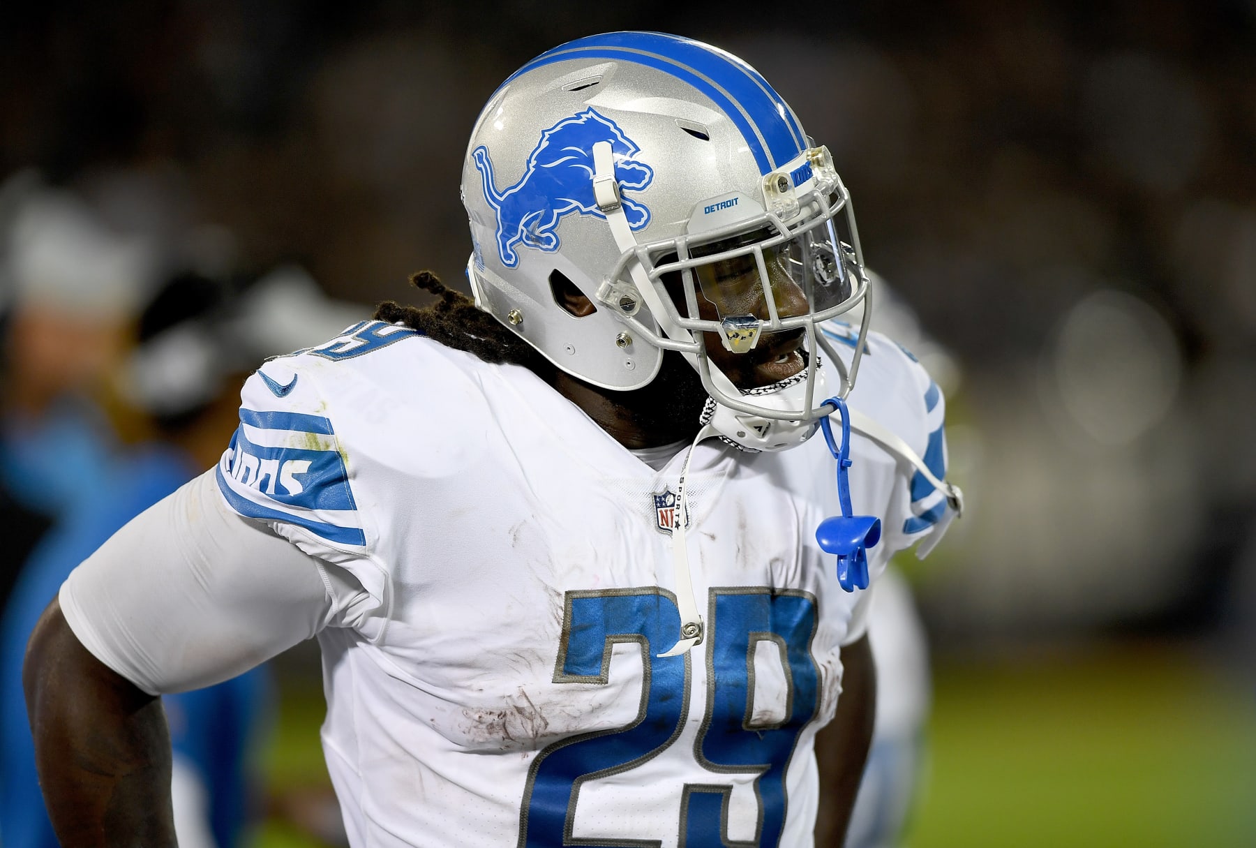 OAKLAND, CA - AUGUST 10:  LeGarrette Blount #29 of the Detroit Lions looks on from the sidelines against the Oakland Raiders during the second quarter of an NFL preseason football game at Oakland Alameda Coliseum on August 10, 2018 in Oakland, California.  (Photo by Thearon W. Henderson/Getty Images)