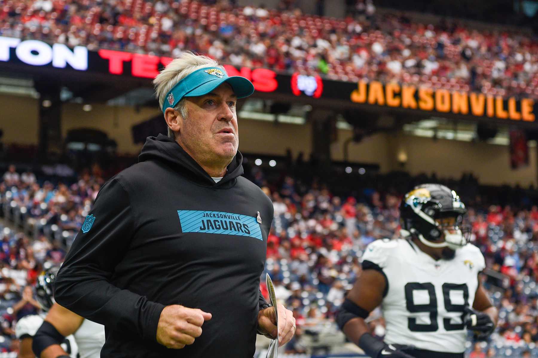 HOUSTON, TX - SEPTEMBER 29: Jacksonville Jaguars head coach Doug Pederson enters the field before the football game between the Jacksonville Jaguars and Houston Texans on September 29, 2024 at NRG Stadium in Houston, Texas. (Photo by Ken Murray/Icon Sportswire via Getty Images)