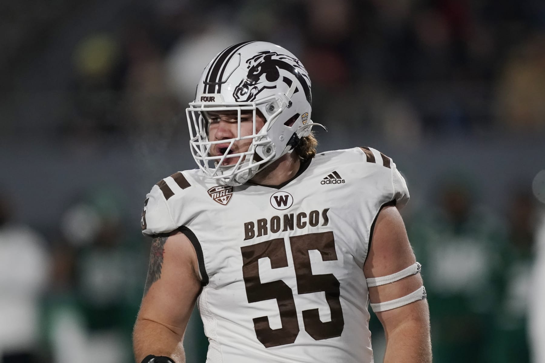 Western Michigan defensive lineman Braden Fiske is seen during the first half of an NCAA college football game against Eastern Michigan, Tuesday, Nov. 16, 2021, in Ypsilanti, Mich. (AP Photo/Carlos Osorio)