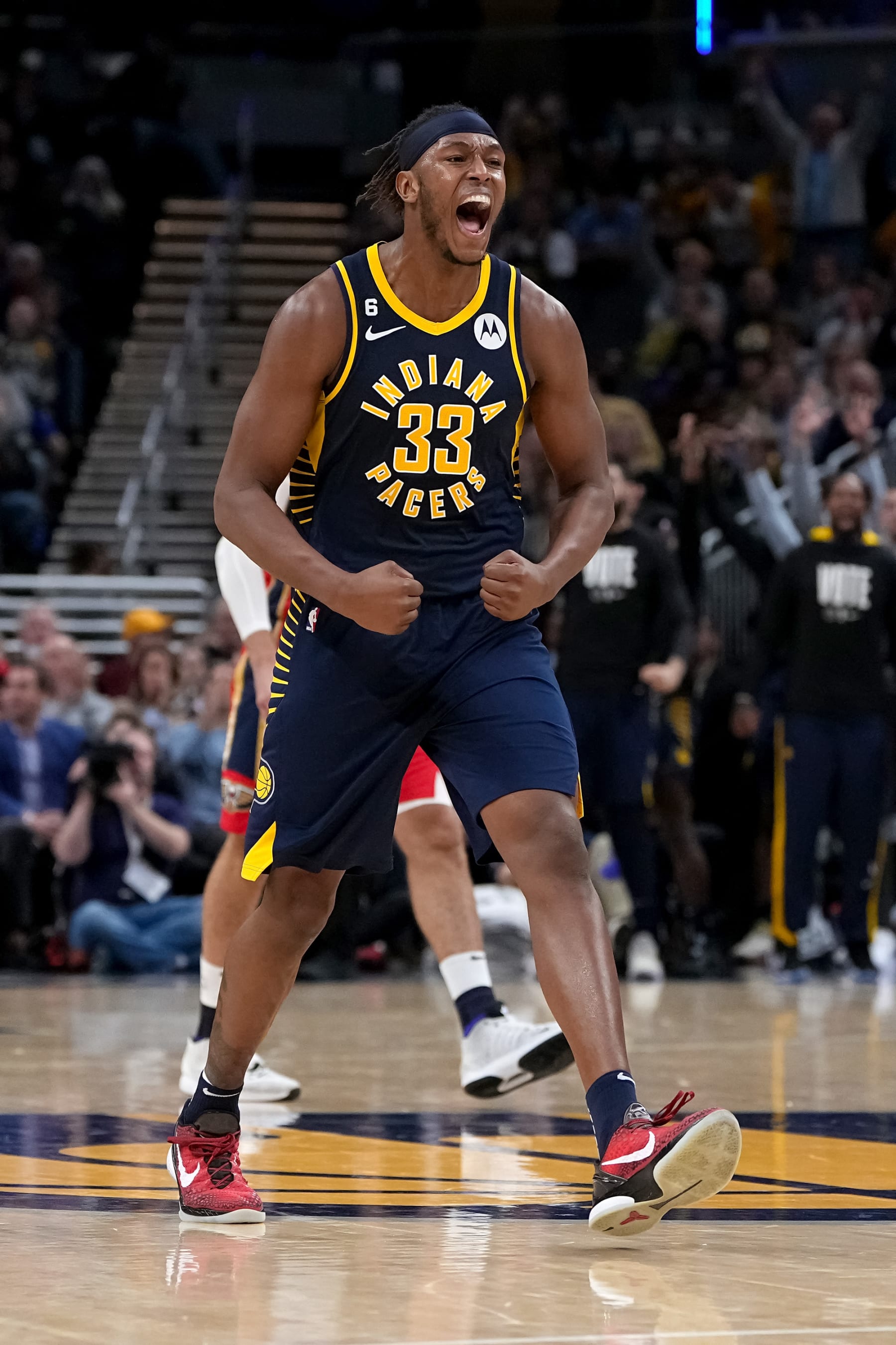 INDIANAPOLIS, INDIANA - NOVEMBER 07: Myles Turner #33 of the Indiana Pacers reacts in the third quarter against the New Orleans Pelicans at Gainbridge Fieldhouse on November 07, 2022 in Indianapolis, Indiana. NOTE TO USER: User expressly acknowledges and agrees that, by downloading and or using this photograph, User is consenting to the terms and conditions of the Getty Images License Agreement. (Photo by Dylan Buell/Getty Images)