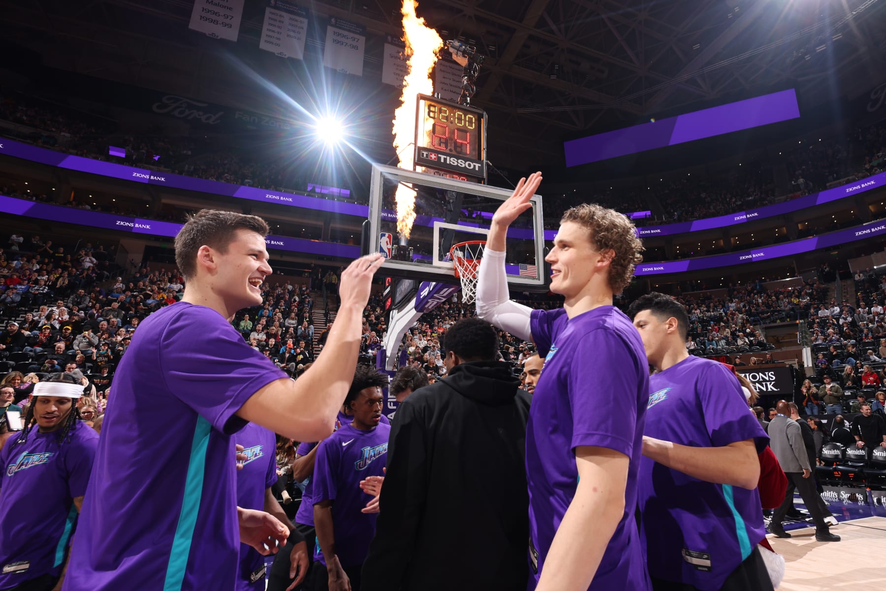 SALT LAKE CITY, UT - DECEMBER 22: Lauri Markkanen #23 and Walker Kessler #24 of the Utah Jazz before the game against the Washington Wizards on December 22, 2022 at vivint.SmartHome Arena in Salt Lake City, Utah. NOTE TO USER: User expressly acknowledges and agrees that, by downloading and or using this Photograph, User is consenting to the terms and conditions of the Getty Images License Agreement. Mandatory Copyright Notice: Copyright 2022 NBAE (Photo by Melissa Majchrzak/NBAE via Getty Images)