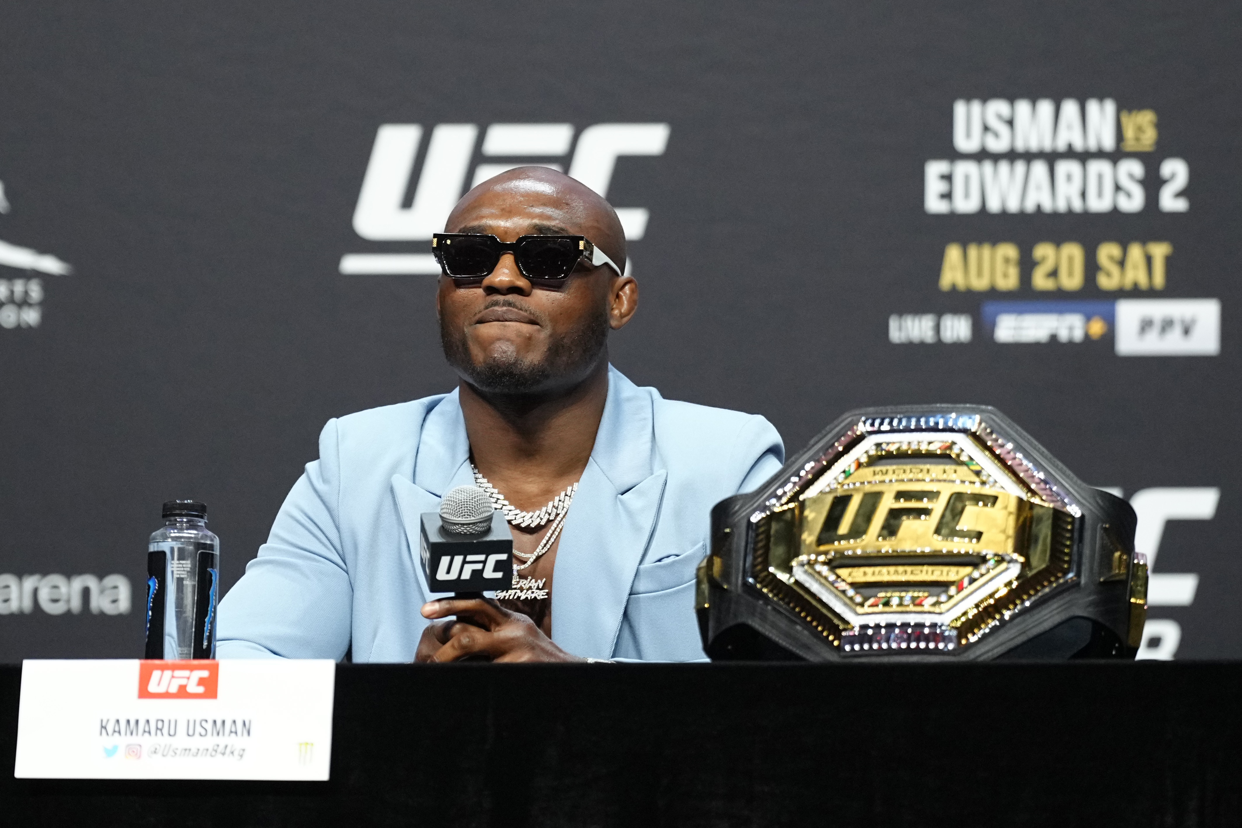 LAS VEGAS, NEVADA - JULY 01: UFC welterweight champion Kamaru Usman is seen on stage during the UFC 276 ceremonial weigh-in at T-Mobile Arena on July 01, 2022 in Las Vegas, Nevada. (Photo by Jeff Bottari/Zuffa LLC)