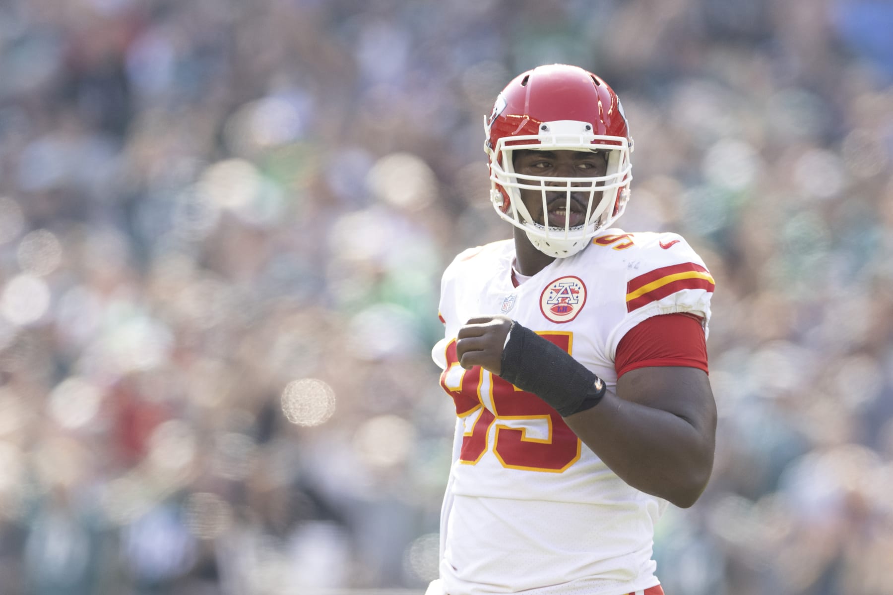 PHILADELPHIA, PA - OCTOBER 03: Chris Jones #95 of the Kansas City Chiefs looks on against the Philadelphia Eagles at Lincoln Financial Field on October 3, 2021 in Philadelphia, Pennsylvania. (Photo by Mitchell Leff/Getty Images) PHILADELPHIA, PA - OCTOBER 03: Chris Jones #95 of the Kansas City Chiefs looks on against the Philadelphia Eagles at Lincoln Financial Field on October 3, 2021 in Philadelphia, Pennsylvania. (Photo by Mitchell Leff/Getty Images)