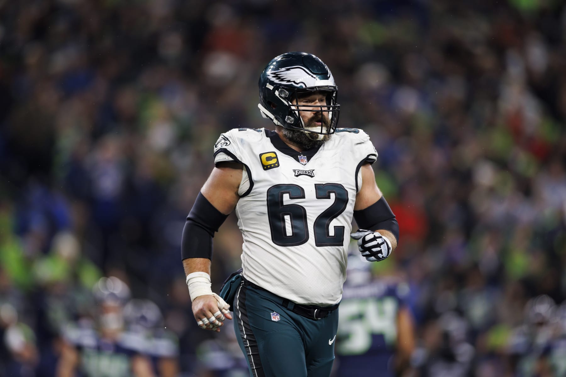 SEATTLE, WASHINGTON - DECEMBER 18:  Jason Kelce #62 of the Philadelphia Eagles looks on against the Seattle Seahawks at Lumen Field on December 18, 2023 in Seattle, Washington. (Photo by Ryan Kang/Getty Images)