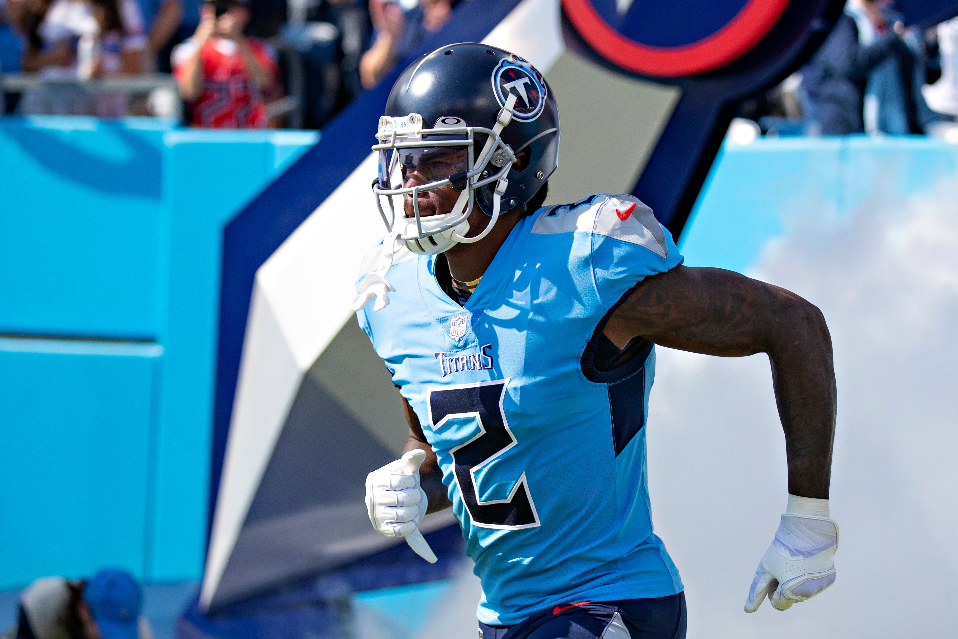 NASHVILLE, TENNESSEE - OCTOBER 24:  Julio Jones #2 of the Tennessee Titans runs onto the field during introductions before a game against the Kansas City Chiefs at Nissan Stadium on October 24, 2021 in Nashville, Tennessee.  The Titans defeated the Chiefs 27-3.  (Photo by Wesley Hitt/Getty Images)