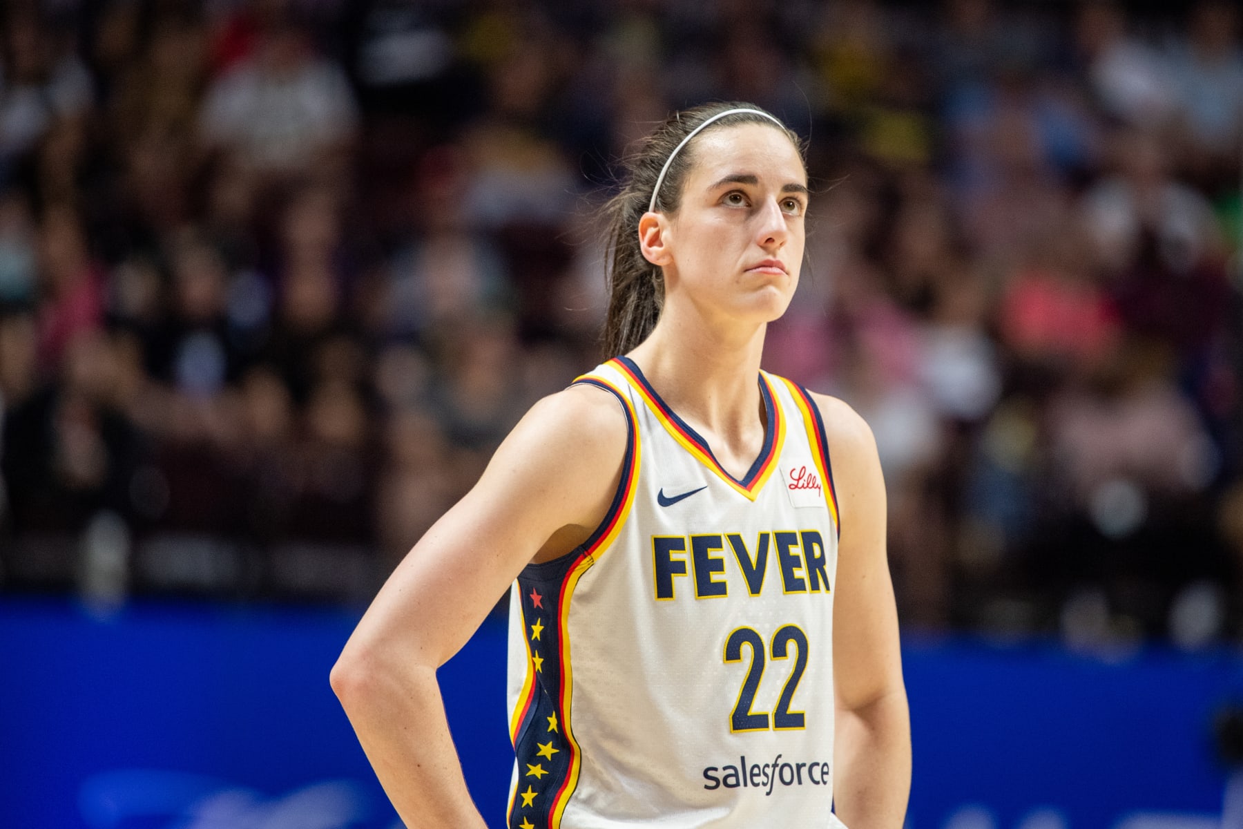 UNCASVILLE, CT - JUNE 10: Indiana Fever guard Caitlin Clark (22) looks on during a WNBA Commissioner's Cup game between the Indiana Fever and the Connecticut Sun on June 10, 2024, at Mohegan Sun Arena in Uncasville, CT. (Photo by Erica Denhoff/Icon Sportswire via Getty Images)