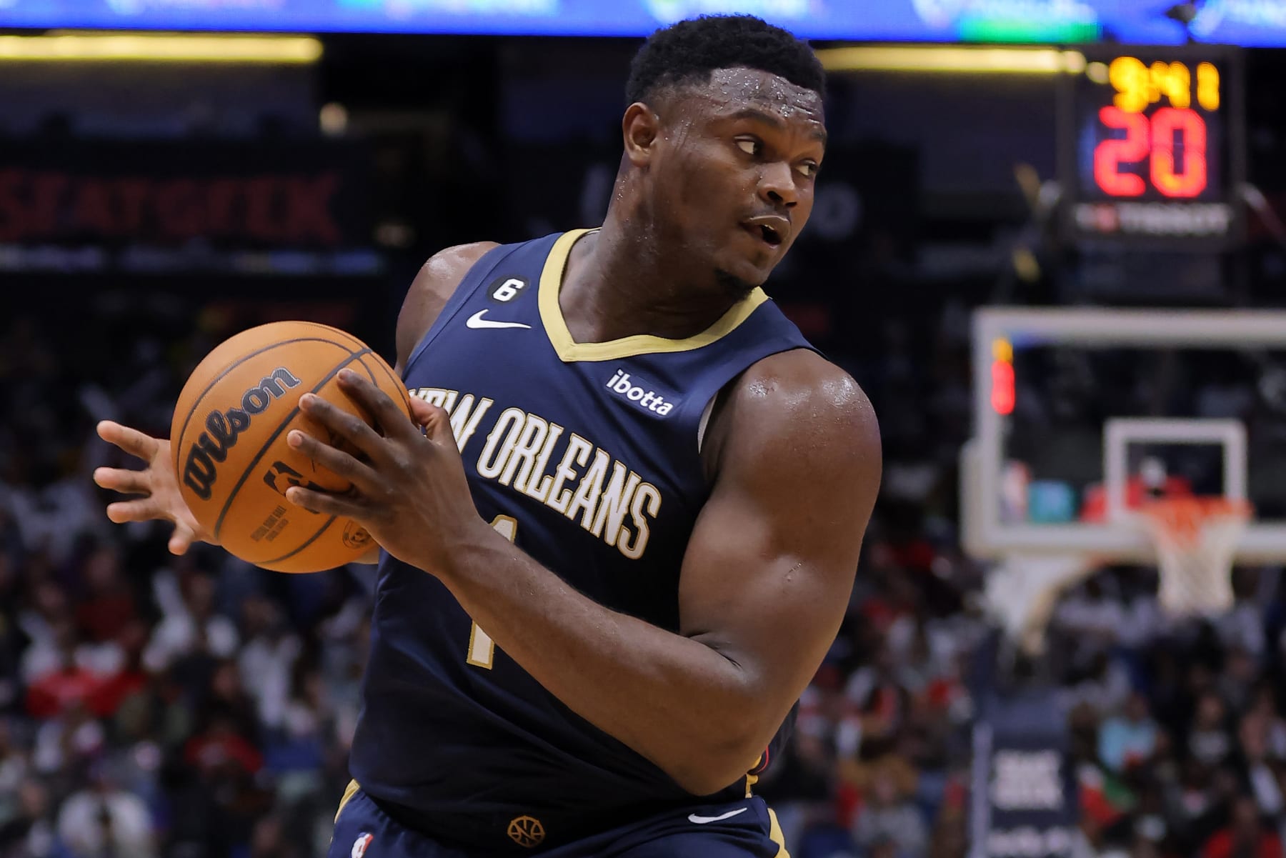 NEW ORLEANS, LOUISIANA - NOVEMBER 30: Zion Williamson #1 of the New Orleans Pelicans drives with the ball during a game against the Toronto Raptors at the Smoothie King Center on November 30, 2022 in New Orleans, Louisiana. (Photo by Jonathan Bachman/Getty Images)