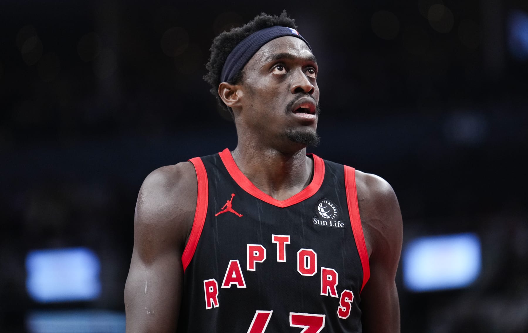 TORONTO, ON - DECEMBER 15: Pascal Siakam #43 of the Toronto Raptors looks on against the Atlanta Hawks during the second half of their basketball game at the Scotiabank Arena on December 15, 2023 in Toronto, Ontario, Canada. NOTE TO USER: User expressly acknowledges and agrees that, by downloading and/or using this Photograph, user is consenting to the terms and conditions of the Getty Images License Agreement. (Photo by Mark Blinch/Getty Images)