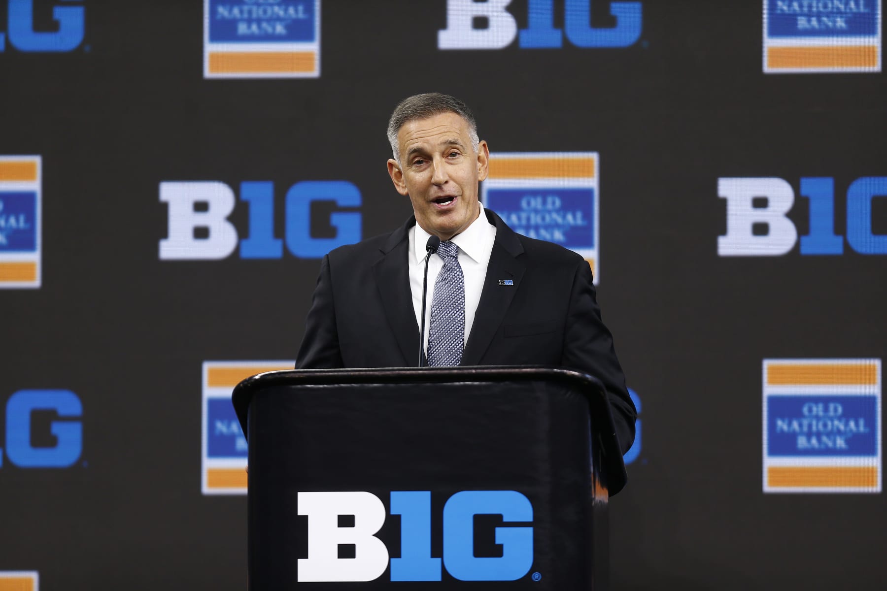 INDIANAPOLIS, IN - JULY 26: Big Ten Conference Commissioner Tony Petitti speaks during the Big Ten Conference Media Days on July 26, 2023 at Lucas Oil Stadium in Indianapolis, IN. (Photo by Jeffrey Brown/Icon Sportswire via Getty Images)