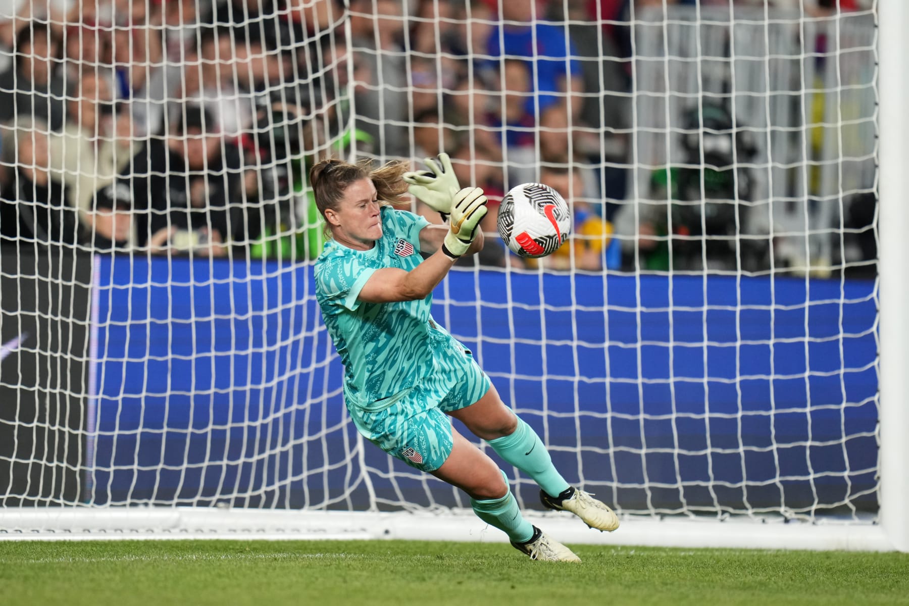 COLUMBUS, OHIO - APRIL 09: Alyssa Naeher #1 of the United States makes a save during the penalty kick shootout against Canada in the 2024 SheBelieves Cup final match at Lower.com Field on April 09, 2024 in Columbus, Ohio. (Photo by Brad Smith/ISI Photos/USSF/Getty Images for USSF)