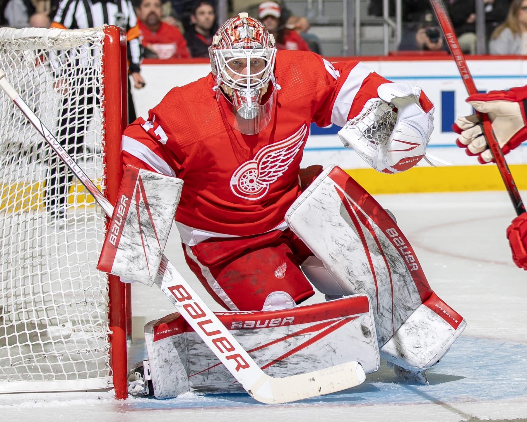 DETROIT, MI - NOVEMBER 09: James Reimer #47 of the Detroit Red Wings follows the play against the Montreal Canadiens during the second period at Little Caesars Arena on November 9, 2023 in Detroit, Michigan. Montreal defeated Detroit  3-2 in O.T. (Photo by Dave Reginek/NHLI via Getty Images)