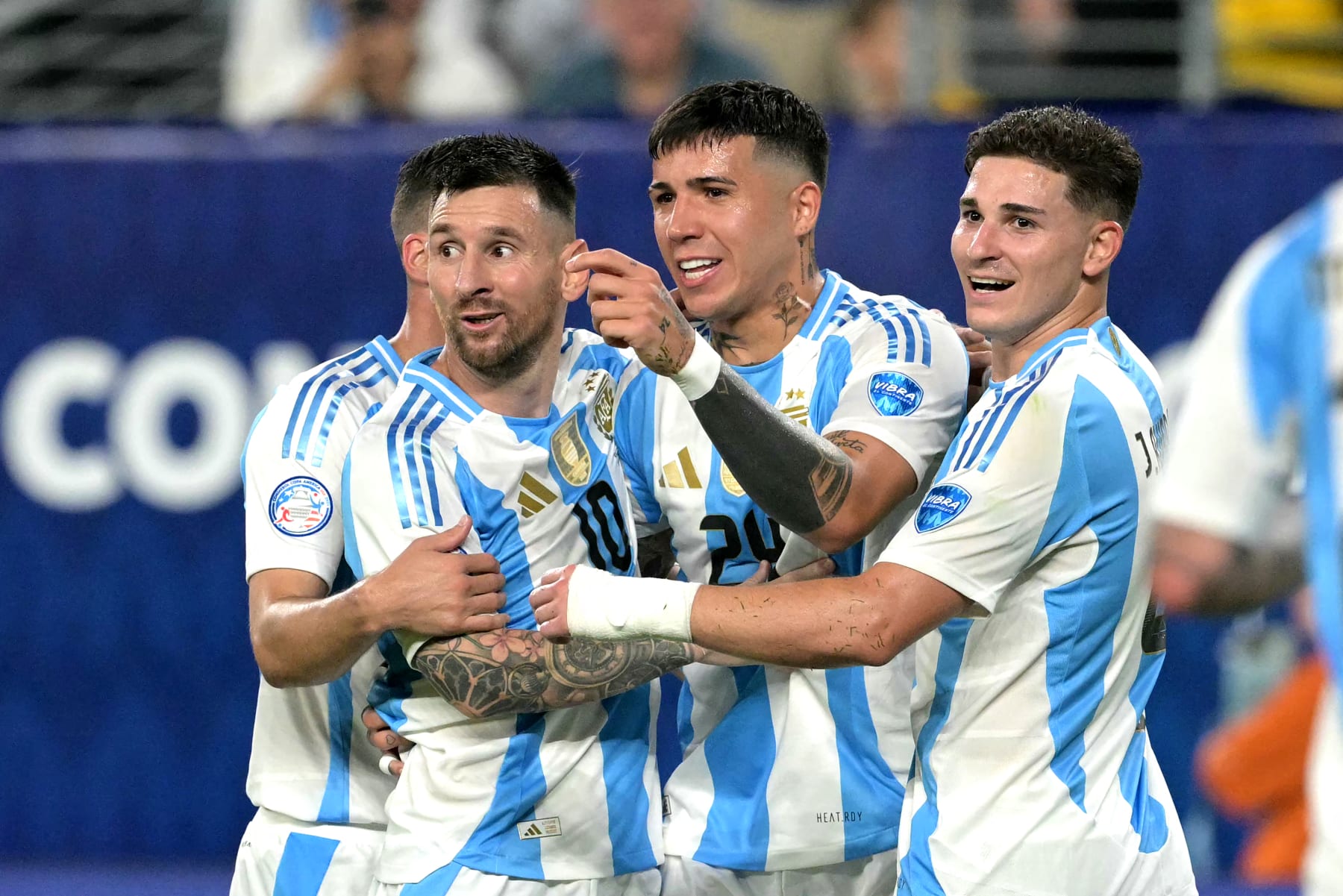 Argentina's forward #10 Lionel Messi celebrates scoring his team's second goal with teammates during the Conmebol 2024 Copa America tournament semi-final football match between Argentina and Canada at MetLife Stadium, in East Rutherford, New Jersey on July 9, 2024. (Photo by JUAN MABROMATA / AFP) (Photo by JUAN MABROMATA/AFP via Getty Images)