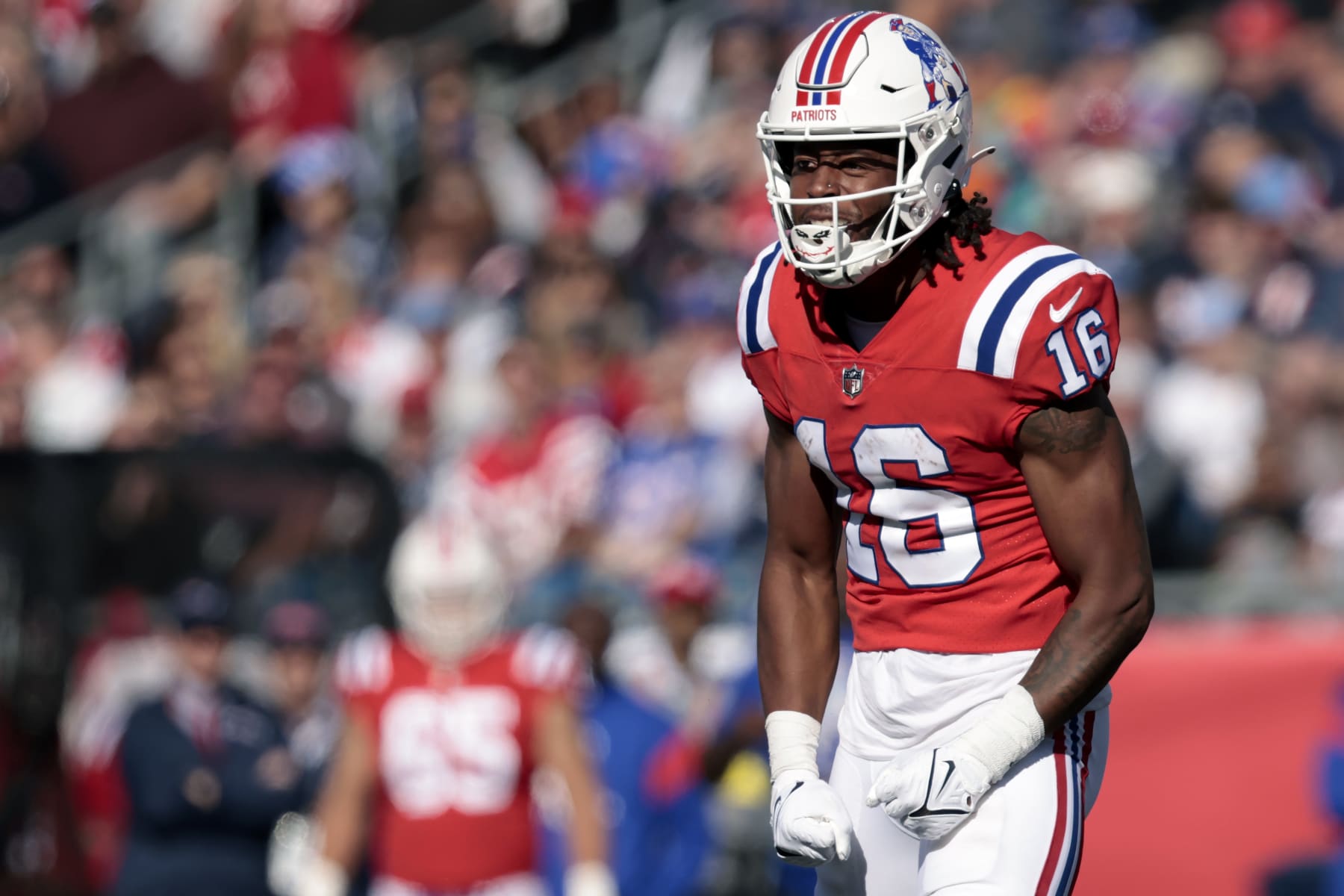 FOXBOROUGH, MASSACHUSETTS - OCTOBER 09: Jakobi Meyers #16 of the New England Patriots reacts after a catch during the third quarter against the Detroit Lions at Gillette Stadium on October 09, 2022 in Foxborough, Massachusetts. (Photo by Nick Grace/Getty Images)