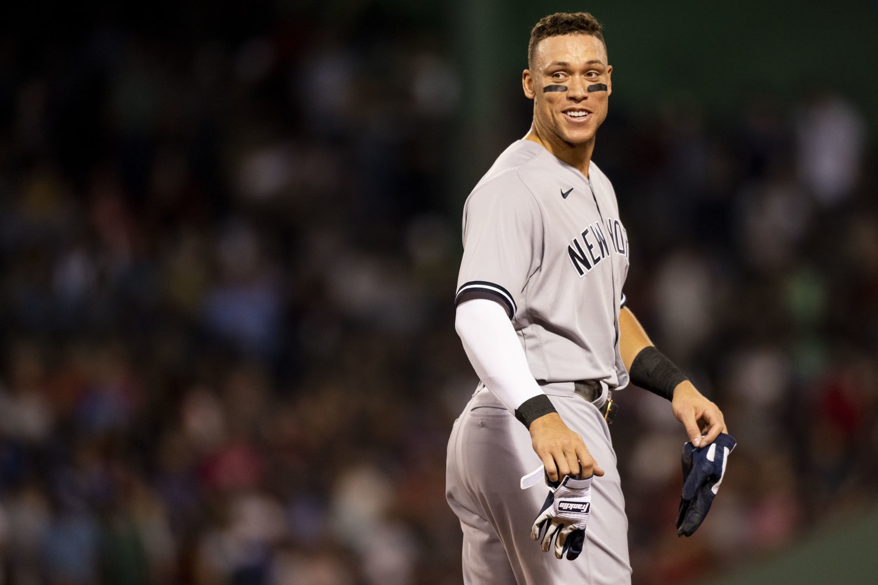 BOSTON, MA - SEPTEMBER 14: Aaron Judge #99 of the New York Yankees reacts during the third inning of a game against the Boston Red Sox on September 14, 2022 at Fenway Park in Boston, Massachusetts.(Photo by Billie Weiss/Boston Red Sox/Getty Images)