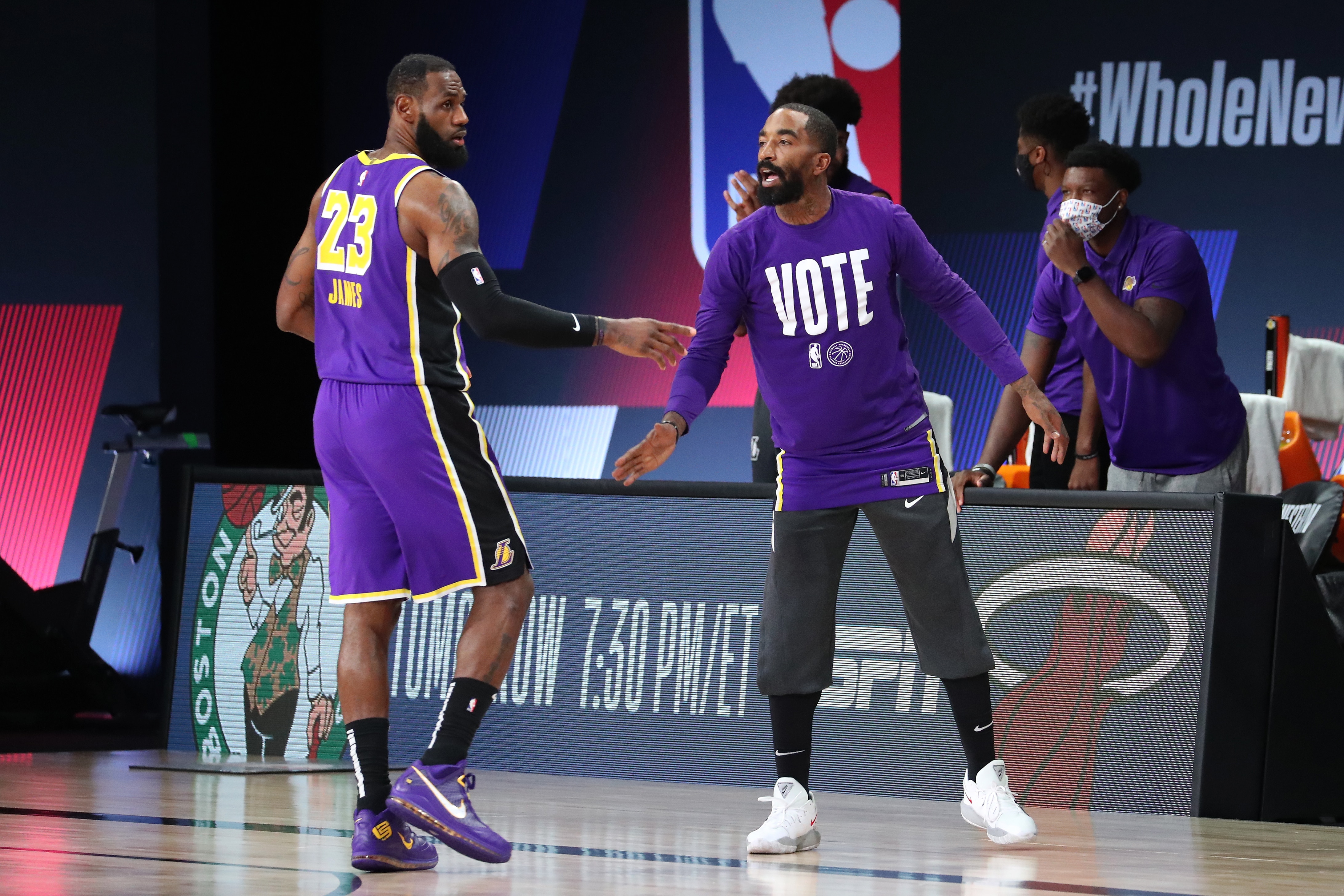 ORLANDO, FL - SEPTEMBER 26: LeBron James #23 high-fives J.R. Smith #21 of the Los Angeles Lakers during Game Five of the Western Conference Finals of the NBA Playoffs on September 26, 2020 at AdventHealth Arena in Orlando, Florida. NOTE TO USER: User expressly acknowledges and agrees that, by downloading and/or using this Photograph, user is consenting to the terms and conditions of the Getty Images License Agreement. Mandatory Copyright Notice: Copyright 2020 NBAE (Photo by Nathaniel S. Butler/NBAE via Getty Images) ORLANDO, FL - SEPTEMBER 26: LeBron James #23 high-fives J.R. Smith #21 of the Los Angeles Lakers during Game Five of the Western Conference Finals of the NBA Playoffs on September 26, 2020 at AdventHealth Arena in Orlando, Florida. NOTE TO USER: User expressly acknowledges and agrees that, by downloading and/or using this Photograph, user is consenting to the terms and conditions of the Getty Images License Agreement. Mandatory Copyright Notice: Copyright 2020 NBAE (Photo by Nathaniel S. Butler/NBAE via Getty Images)