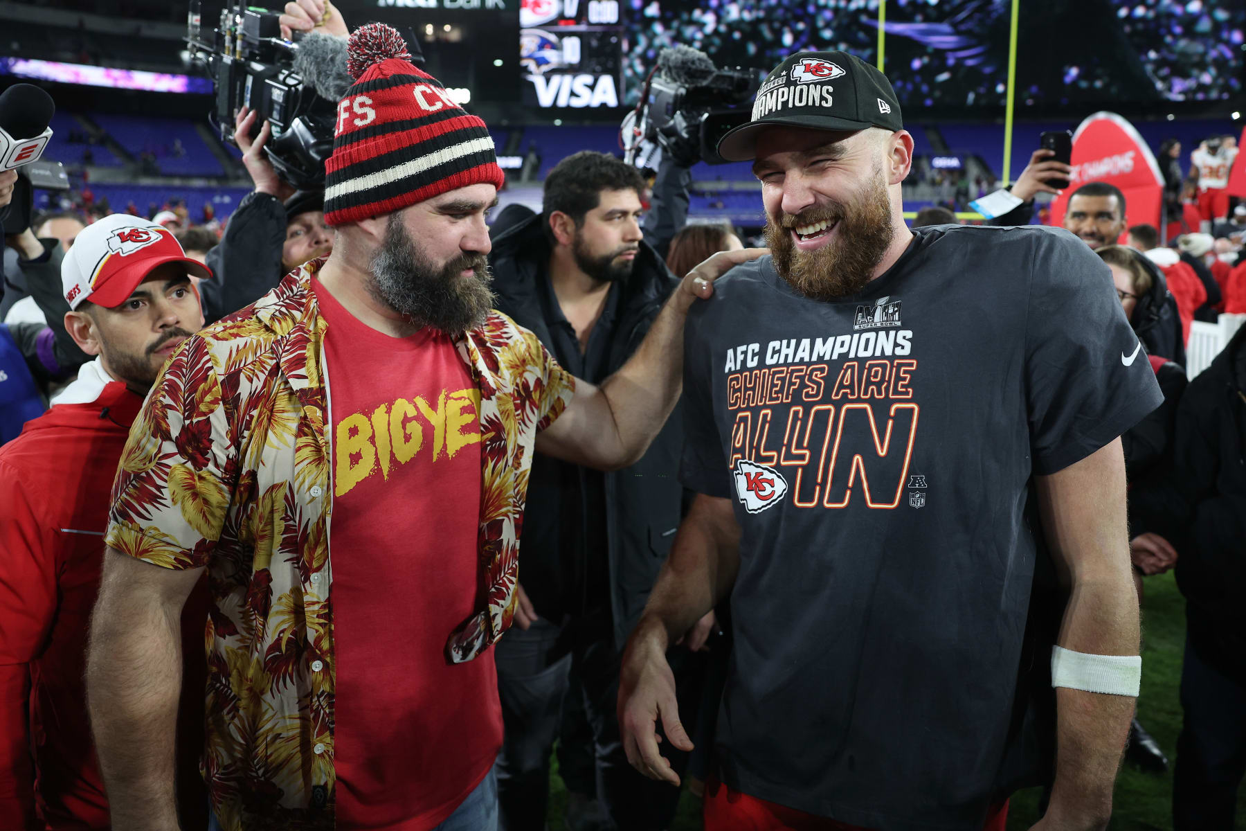 BALTIMORE, MARYLAND - JANUARY 28: Travis Kelce #87 of the Kansas City Chiefs celebrates with his brother Jason Kelce after a 17-10 victory against the Baltimore Ravens in the AFC Championship Game at M&T Bank Stadium on January 28, 2024 in Baltimore, Maryland. (Photo by Patrick Smith/Getty Images) BALTIMORE, MARYLAND - JANUARY 28: Travis Kelce #87 of the Kansas City Chiefs celebrates with his brother Jason Kelce after a 17-10 victory against the Baltimore Ravens in the AFC Championship Game at M&T Bank Stadium on January 28, 2024 in Baltimore, Maryland. (Photo by Patrick Smith/Getty Images)