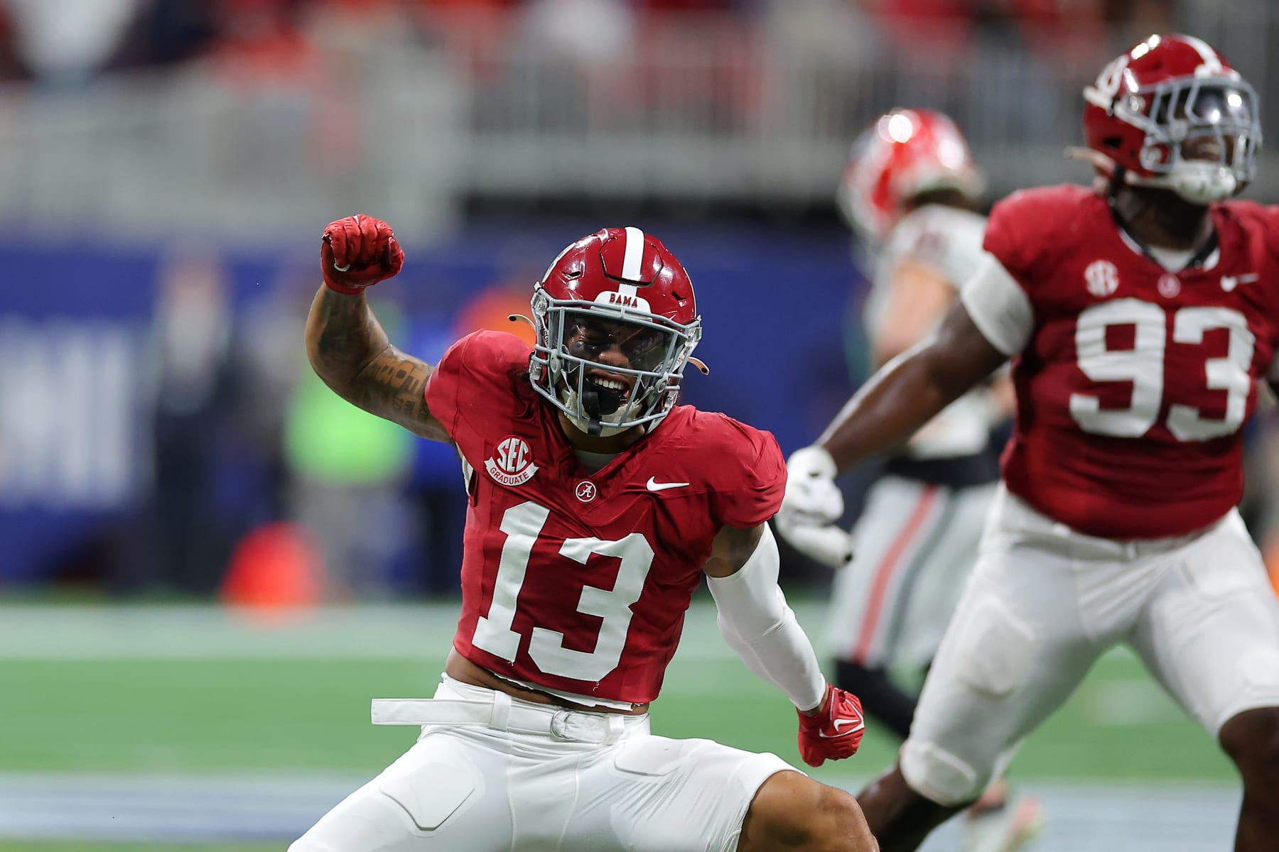 ATLANTA, GEORGIA - DECEMBER 02: Malachi Moore #13 of the Alabama Crimson Tide reacts after a missed field goal during the second quarter against the Georgia Bulldogs in the SEC Championship at Mercedes-Benz Stadium on December 02, 2023 in Atlanta, Georgia. (Photo by Kevin C. Cox/Getty Images)