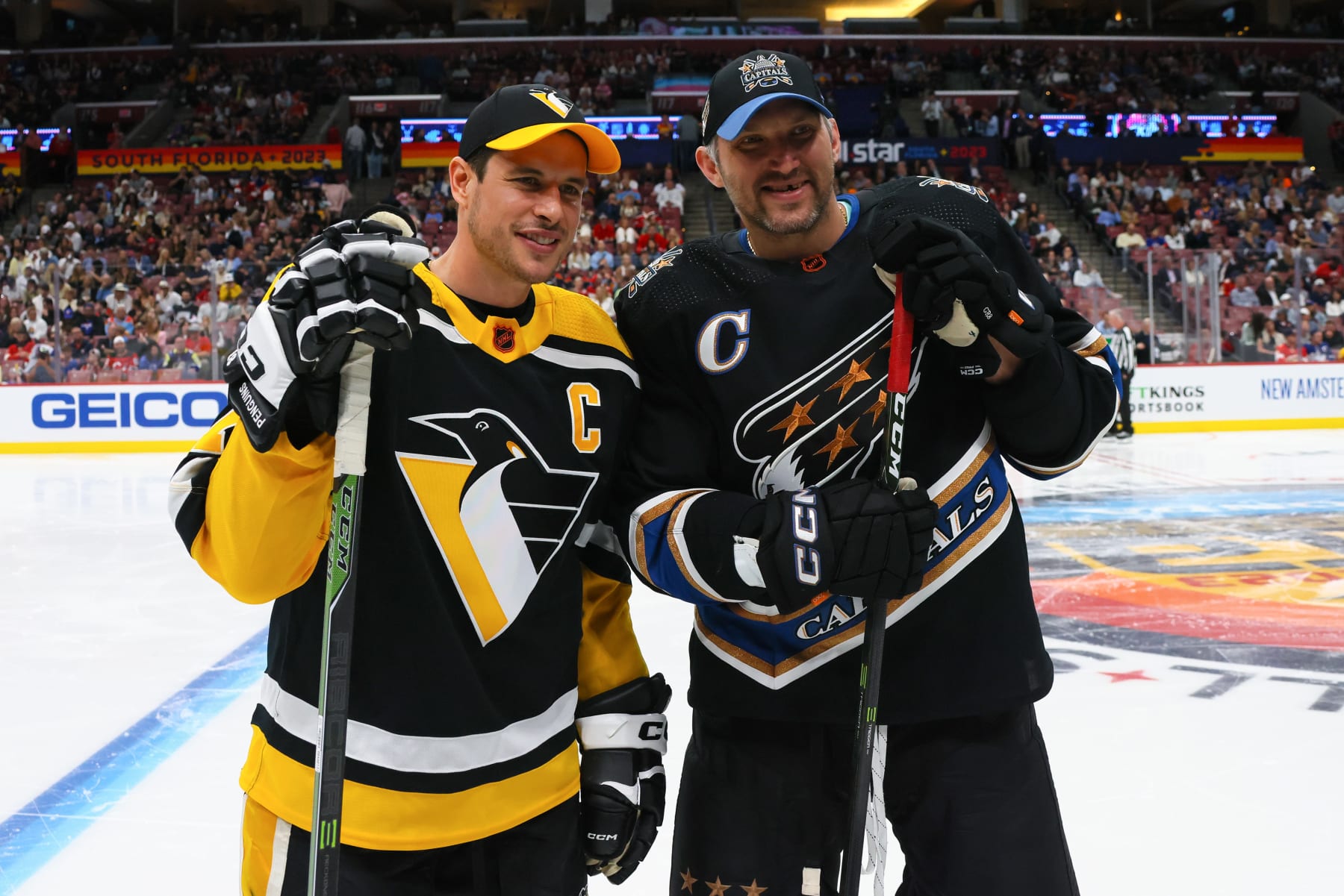SUNRISE, FLORIDA - FEBRUARY 03: Sidney Crosby #87 of the Pittsburgh Penguins poses with Alex Ovechkin #8 of the Washington Capitals during the 2023 NHL All-Star Skills Competition at FLA Live Arena on February 03, 2023 in Sunrise, Florida. (Photo by Bruce Bennett/Getty Images)