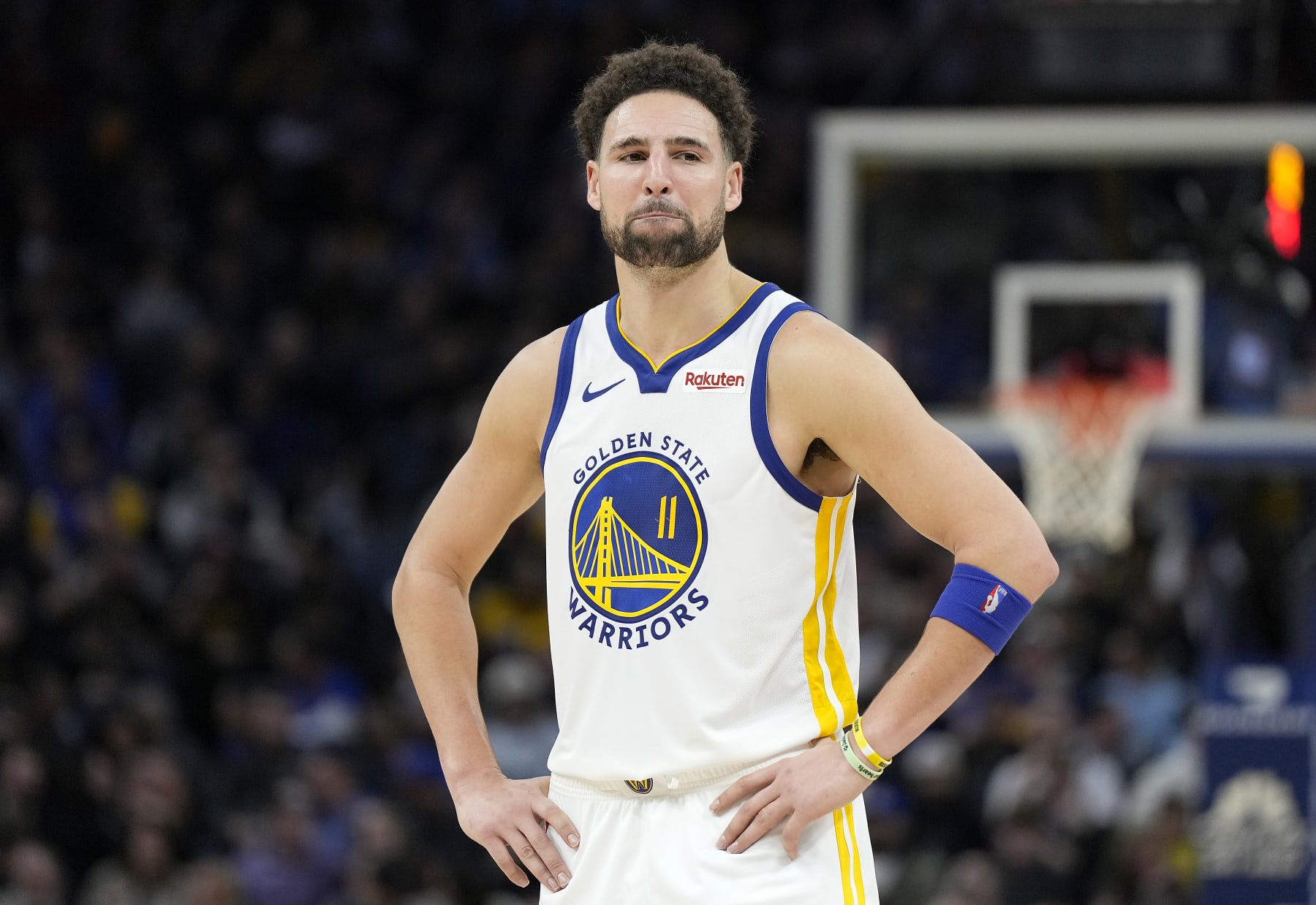 SAN FRANCISCO, CALIFORNIA - DECEMBER 06: Klay Thompson #11 of the Golden State Warriors looks on against the Portland Trail Blazers during the third quarter of an NBA basketball game at Chase Center on December 06, 2023 in San Francisco, California. NOTE TO USER: User expressly acknowledges and agrees that, by downloading and or using this photograph, User is consenting to the terms and conditions of the Getty Images License Agreement. (Photo by Thearon W. Henderson/Getty Images)