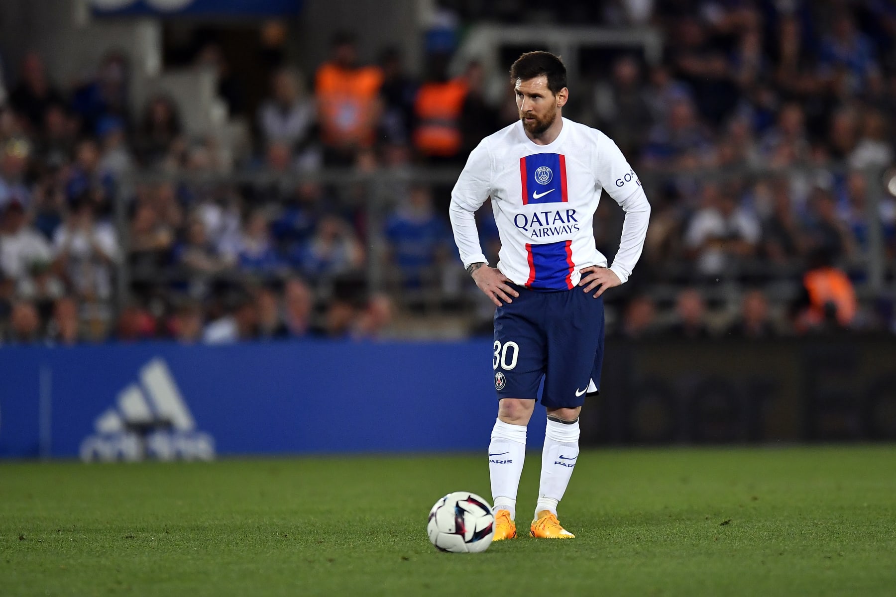 STRASBOURG, FRANCE - MAY 27: Leo Messi of Paris Saint-Germain looks on during the Ligue 1 match between RC Strasbourg and Paris Saint-Germain at Stade de la Meinau on May 27, 2023 in Strasbourg, France. (Photo by Aurelien Meunier - PSG/PSG via Getty Images)
