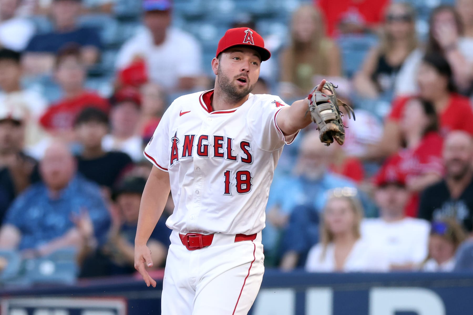 ANAHEIM, CALIFORNIA - JUNE 29: Nolan Schanuel #18 of the Los Angeles Angels reacts after a call during the second inning against the Detroit Tigers at Angel Stadium of Anaheim on June 29, 2024 in Anaheim, California. (Photo by Katelyn Mulcahy/Getty Images)