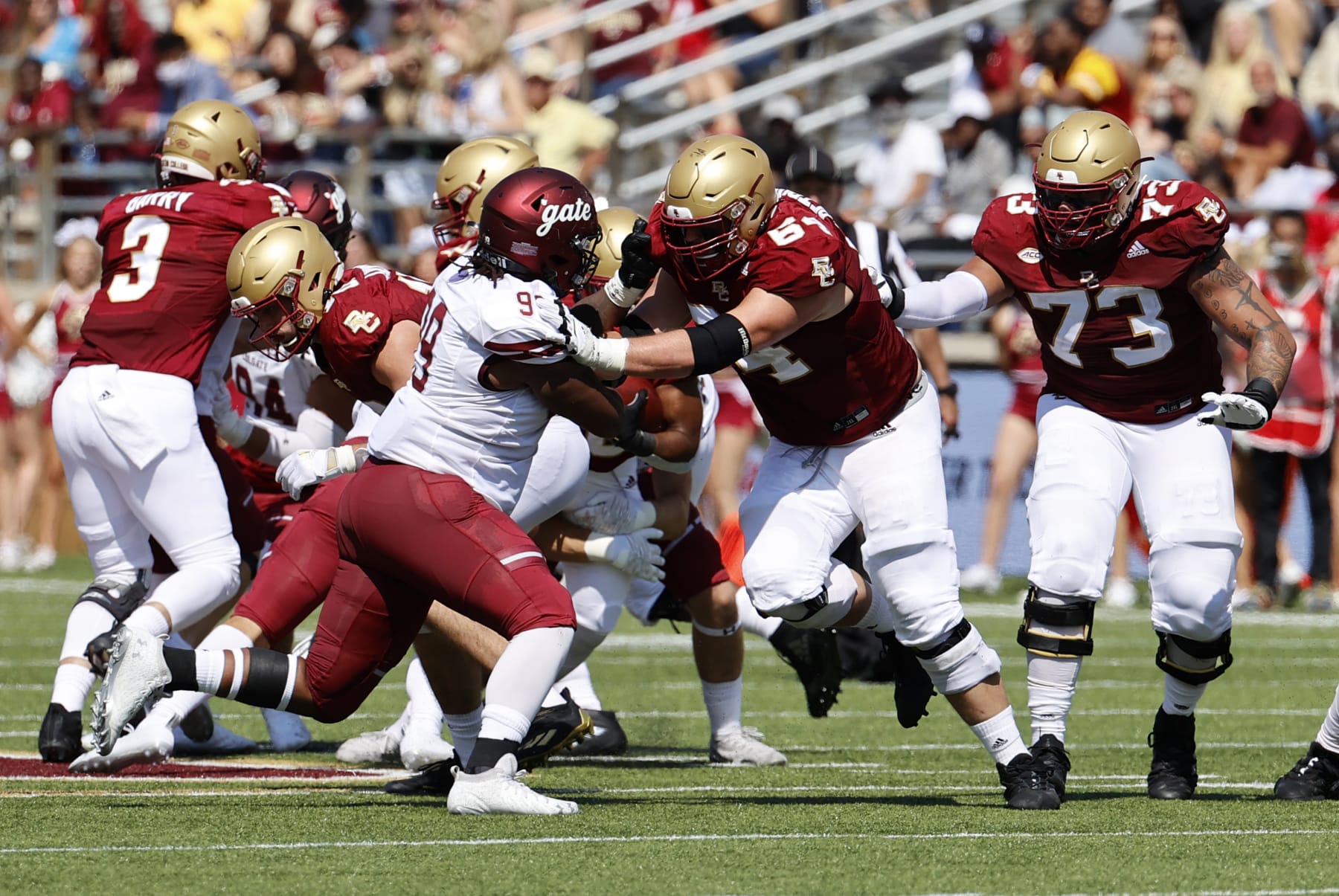 CHESTNUT HILL, MA - SEPTEMBER 04: Boston College Eagles offensive linemen Jack Conley (67) and Christian Mahogany (73) block during a game between the Boston College Eagles and the Colgate University Raiders on September 4, 2021, at Alumni Stadium in Chestnut Hill, Massachusetts. (Photo by Fred Kfoury III/Icon Sportswire via Getty Images)