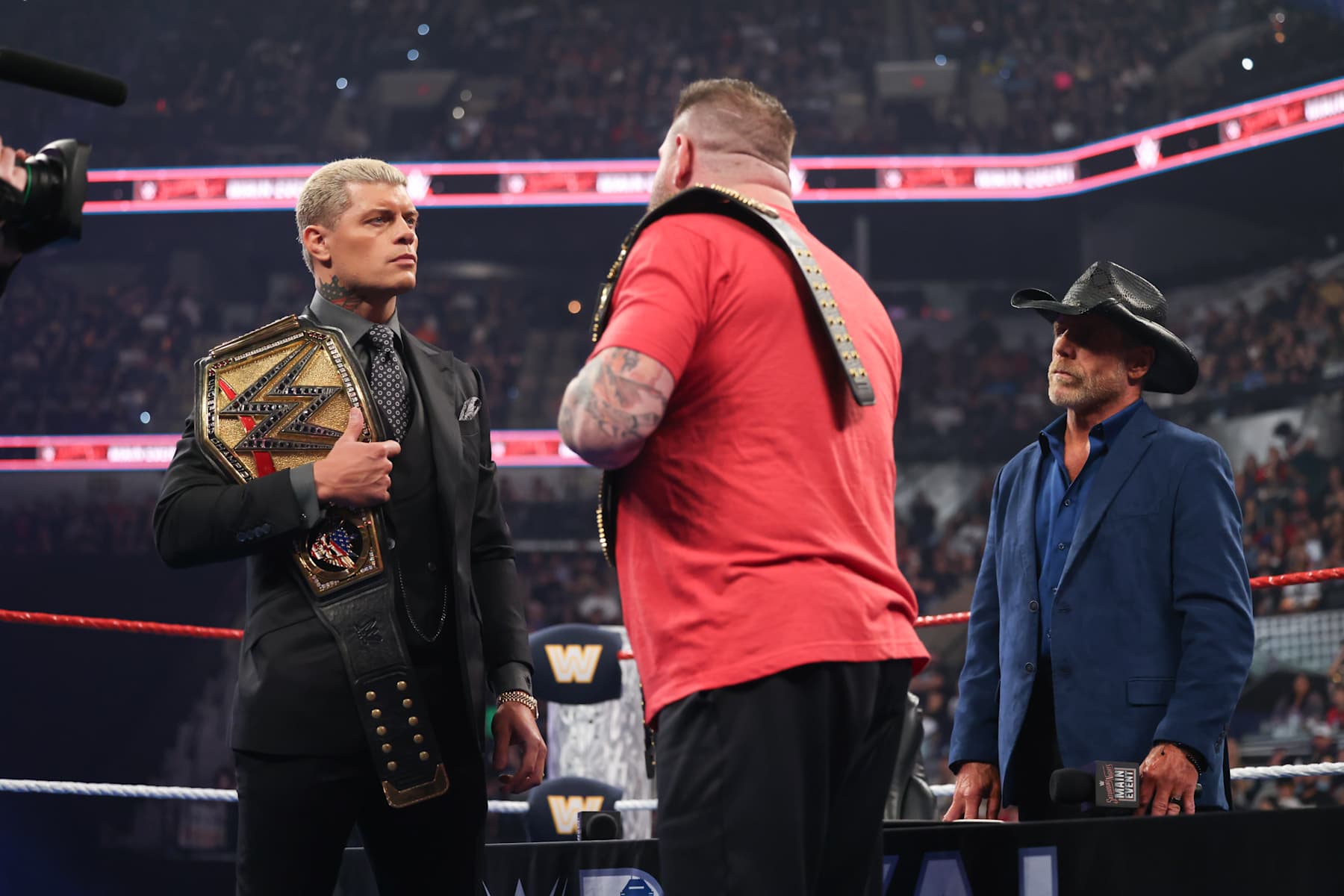 SAN ANTONIO, TEXAS - JANUARY 25: Undisputed Champion Cody Rhodes stares down Kevin Owens with Shawn Michaels during Saturday Night's Main Event at Frost Bank Center on January 25, 2025 in San Antonio, Texas.  (Photo by WWE/Getty Images)