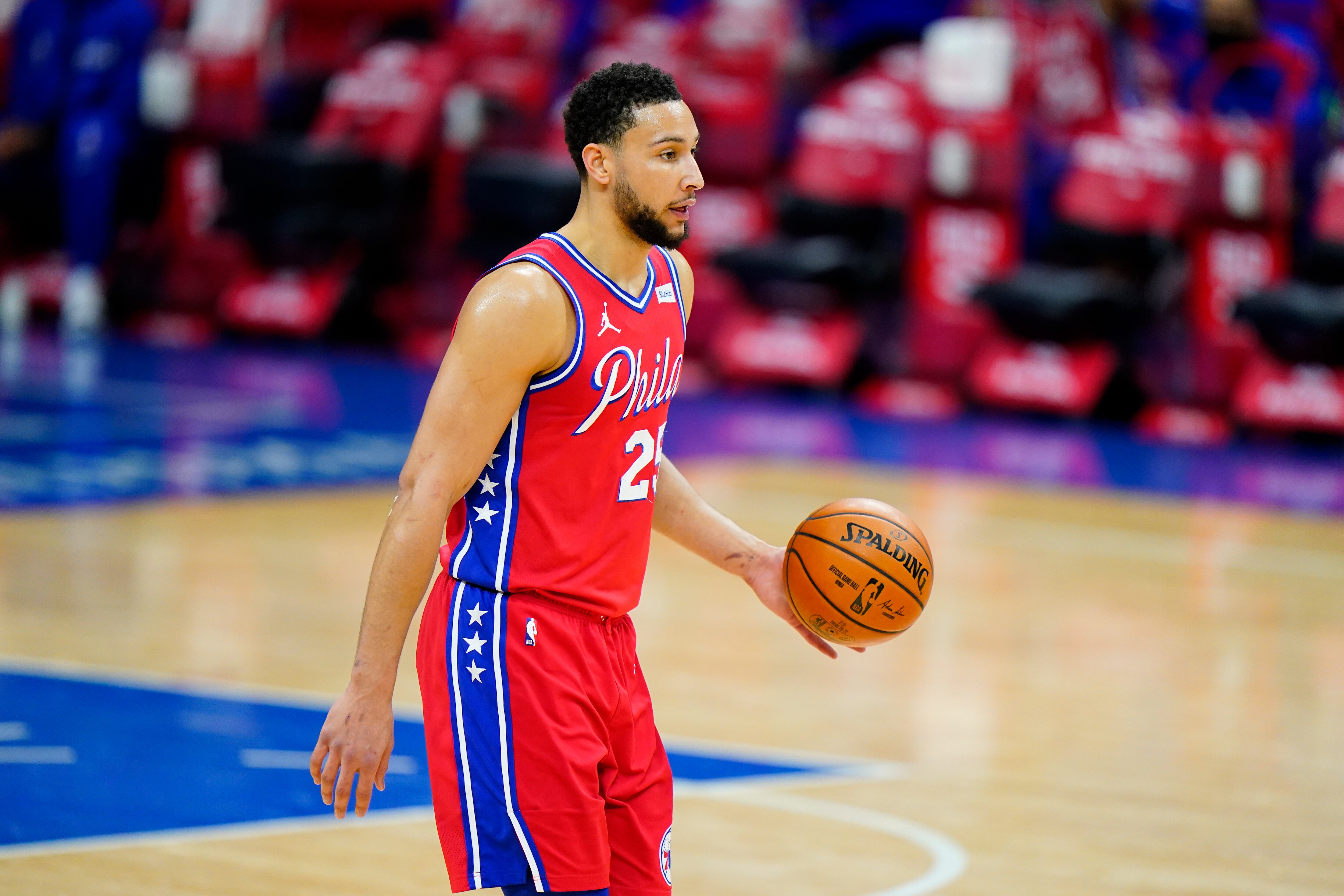 Philadelphia 76ers' Ben Simmons plays during an NBA basketball game against the Utah Jazz, Wednesday, March 3, 2021, in Philadelphia. (AP Photo/Matt Slocum)
